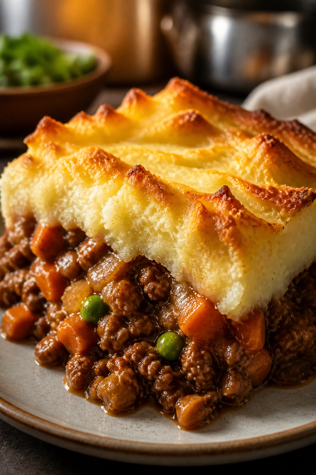 Close-up of shepherd's pie wedge showing mashed potato crust