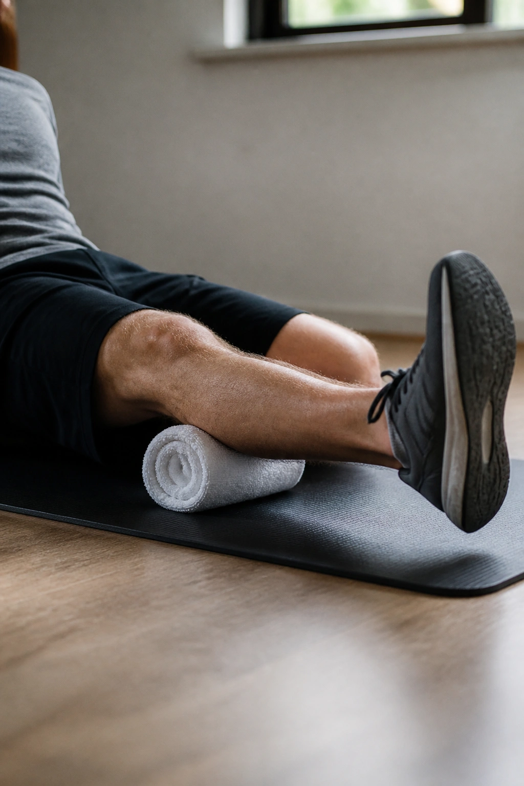 Knee performing short-arc quad extension with towel under knee