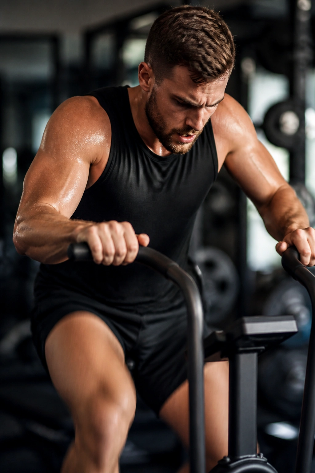 Close-up of an athlete during a short bike finisher in a gym for fat-loss support