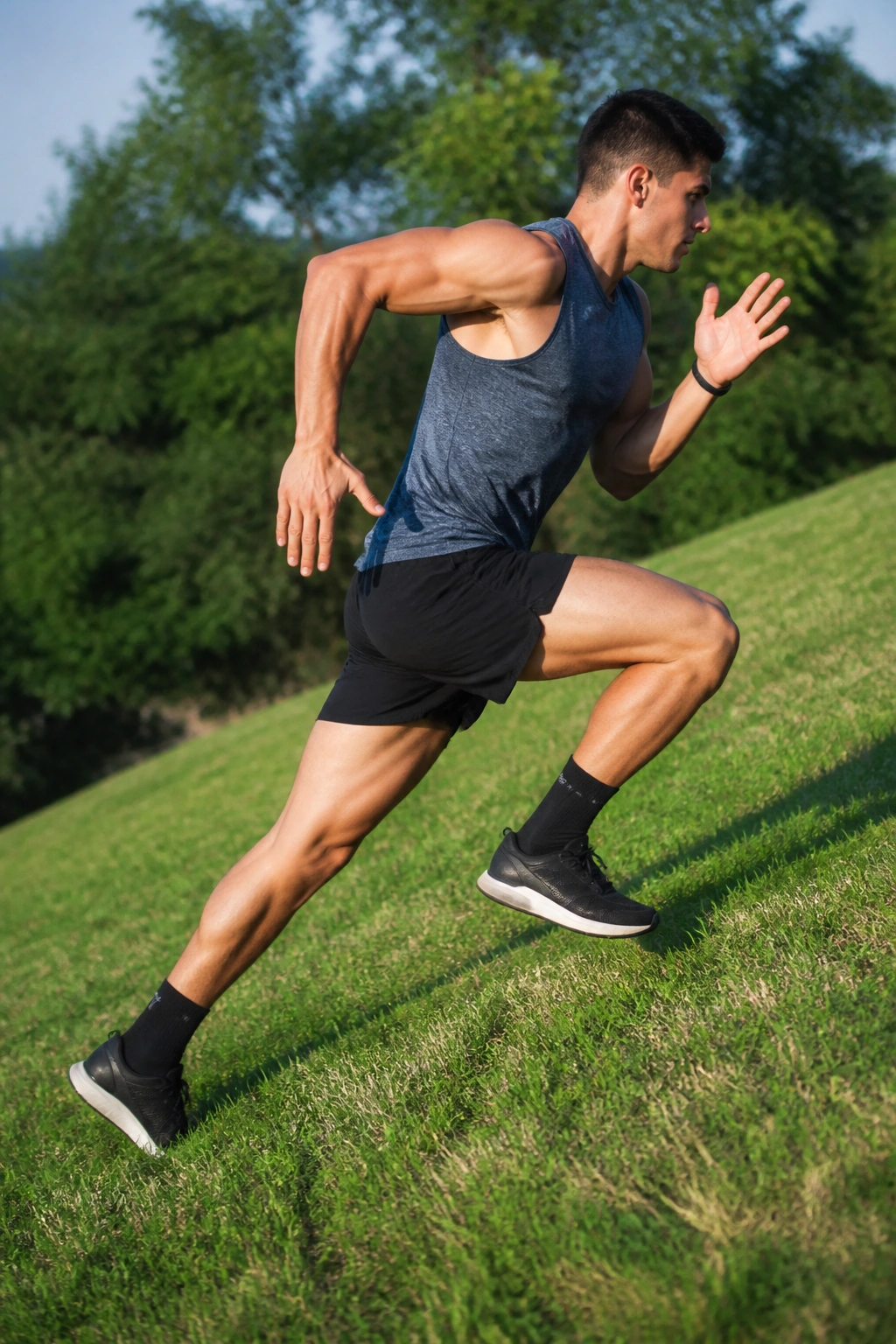 Side profile of runner doing short hill sprints on grassy incline.