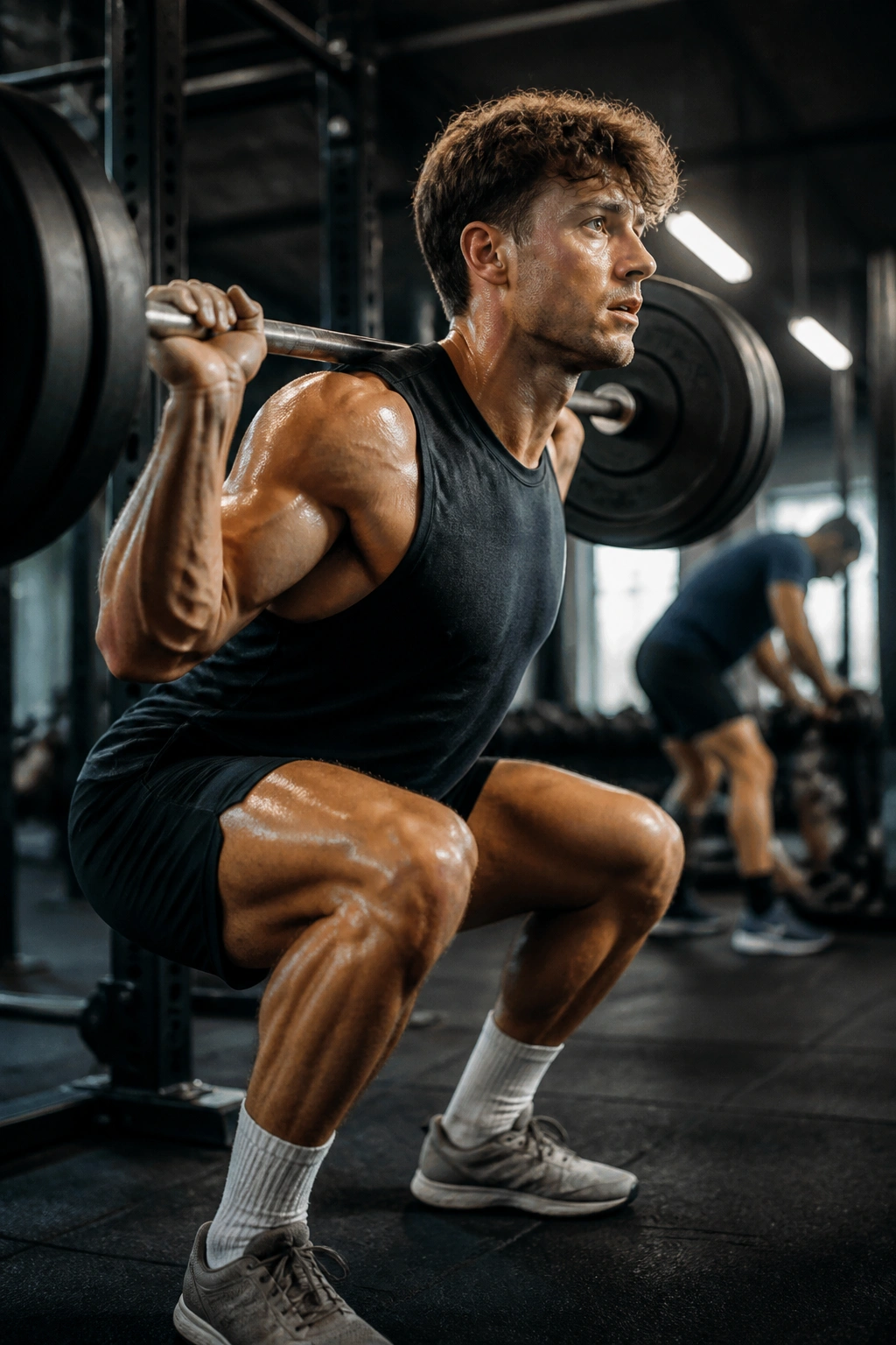 Athlete performing quick lower-body circuit in gym.