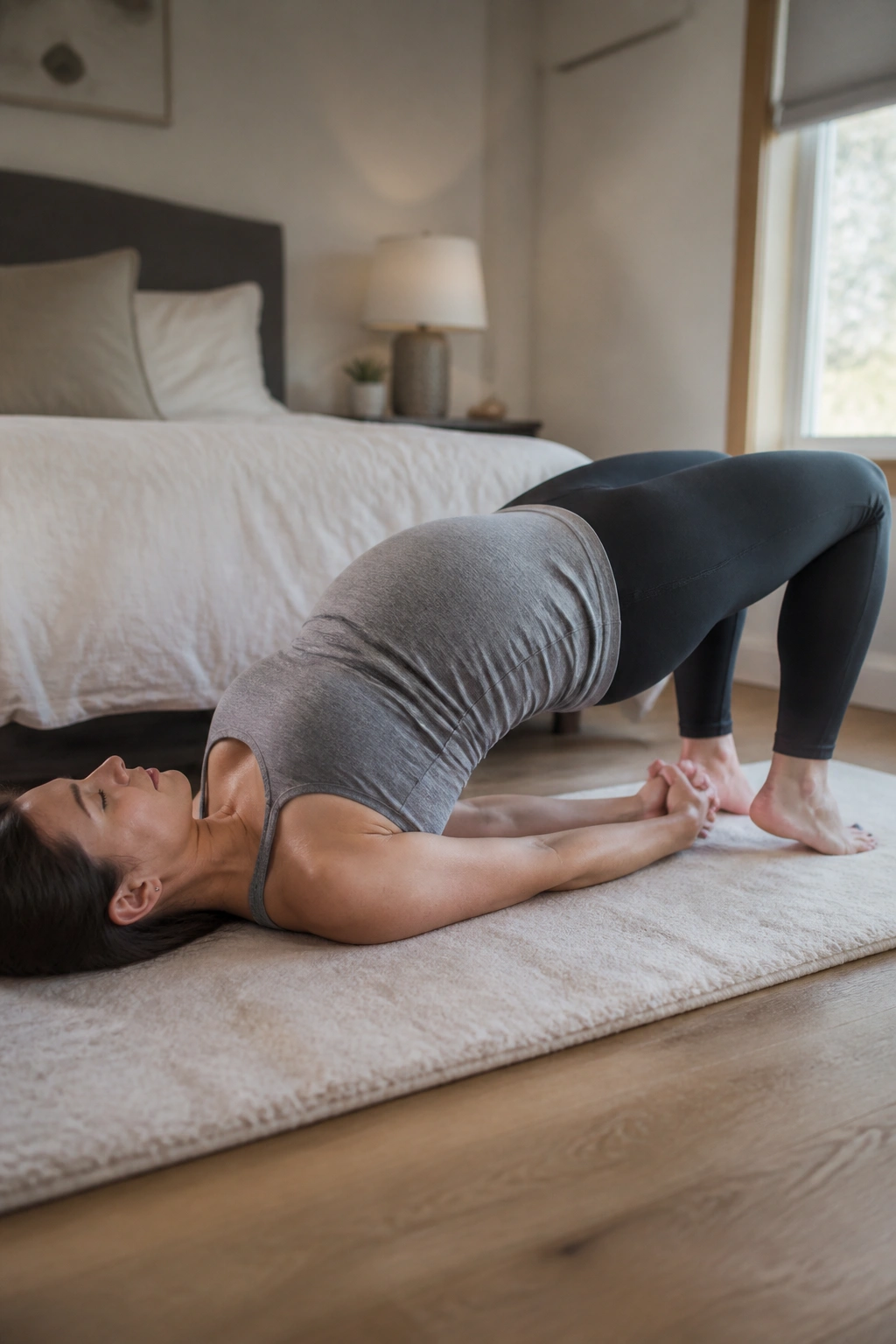Pregnant woman performing shoulder bridge on a mat, upper back engaged and chest open.