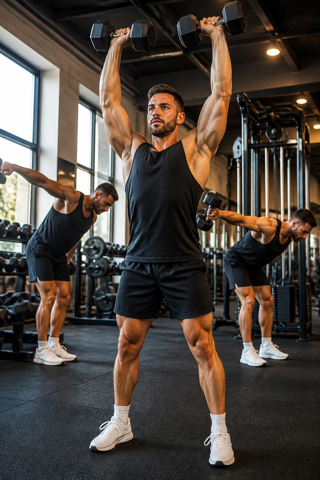 Real person performing a dumbbell push press in gym to show density circuit