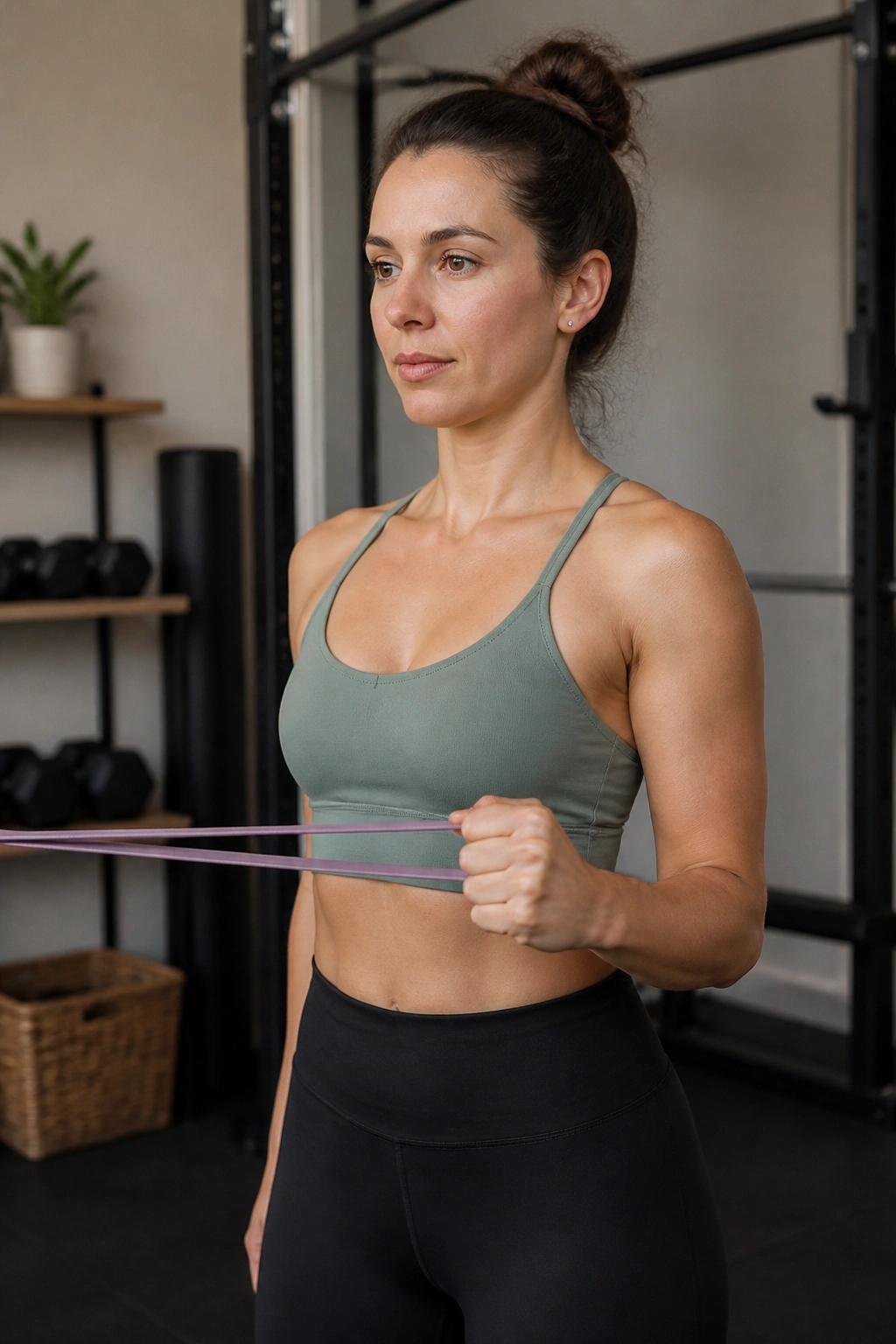 Close-up of arm performing shoulder external rotation with a band, elbow at side.