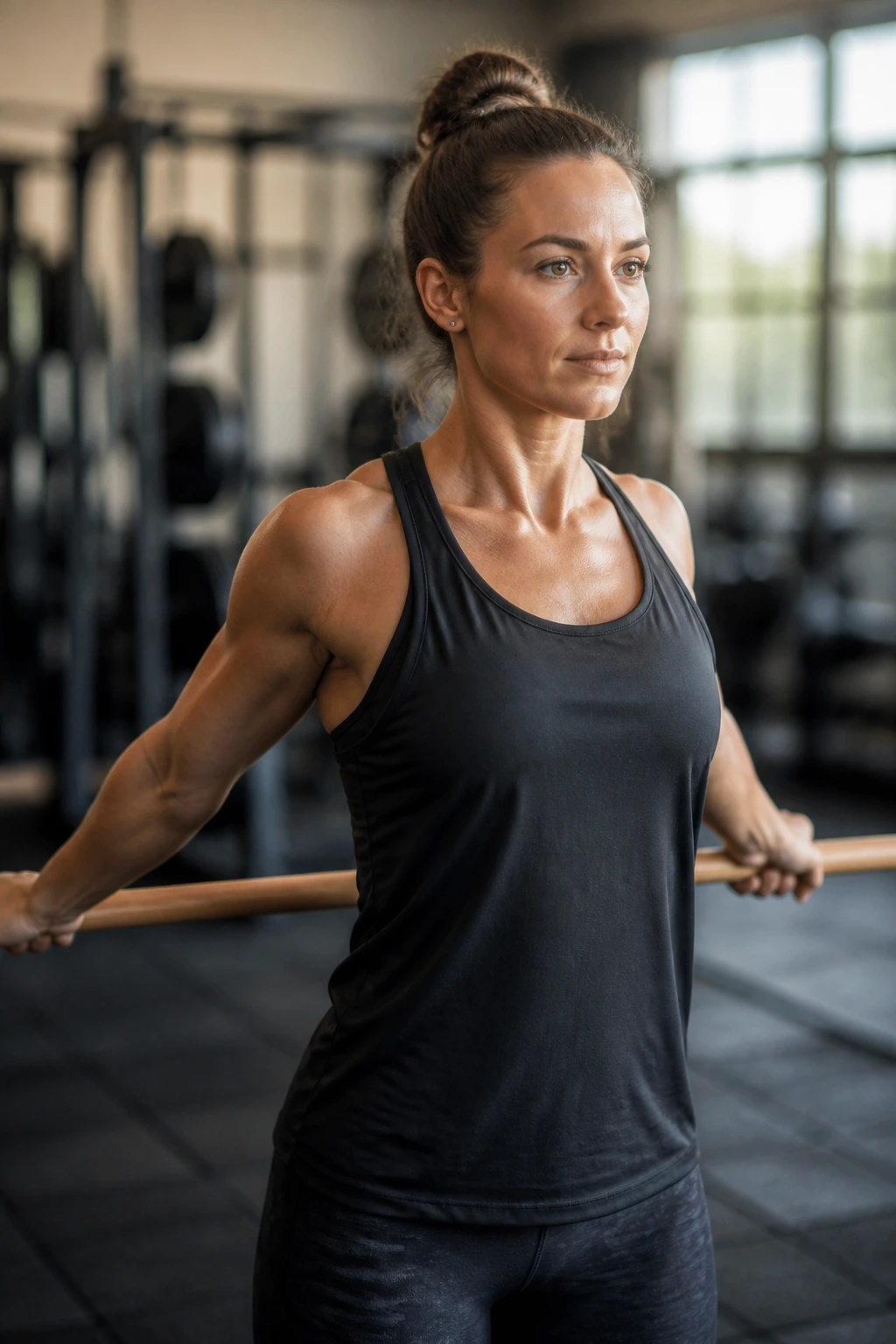 Close-up of a lifter performing shoulder pass-throughs with a broomstick in a gym