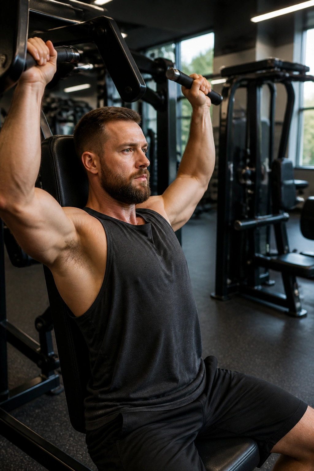 Close-up of real person using machine shoulder press with reverse pec deck in gym