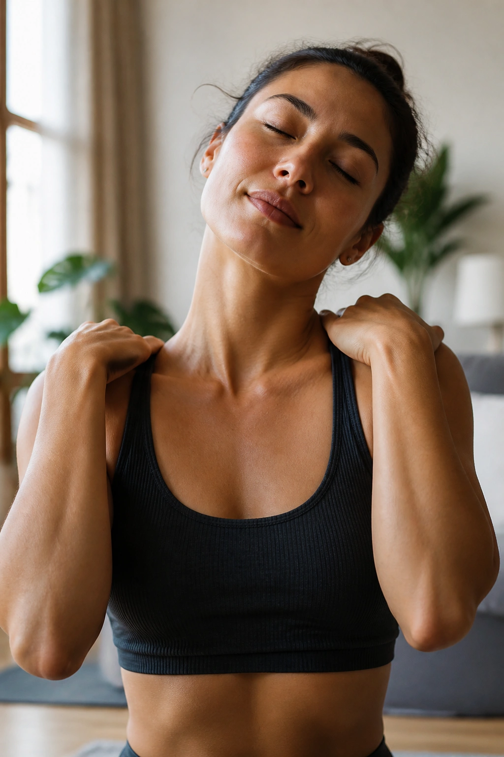 Portrait of a person releasing neck and shoulder tension with gentle movements