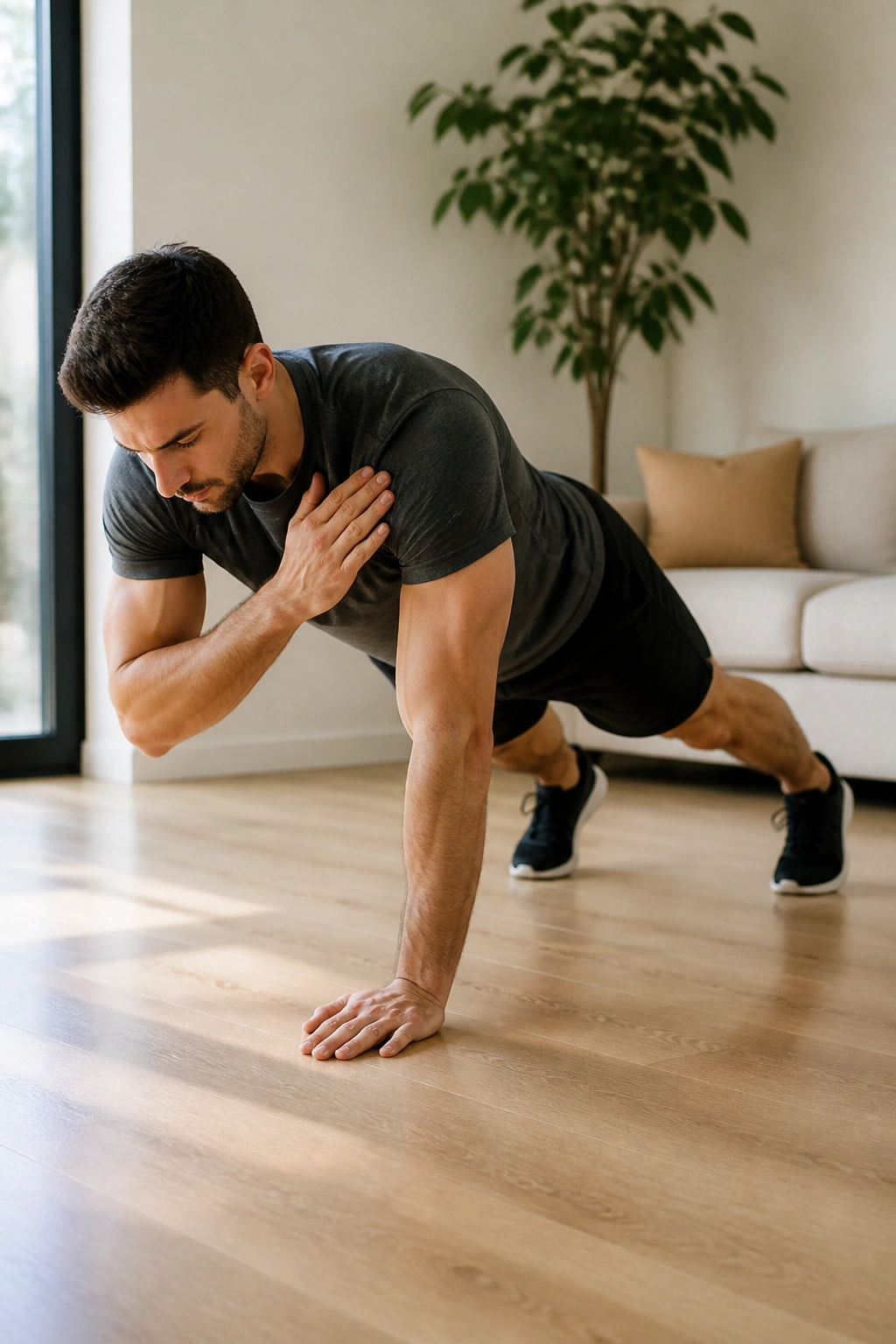 Person performing shoulder taps in high plank with controlled hips