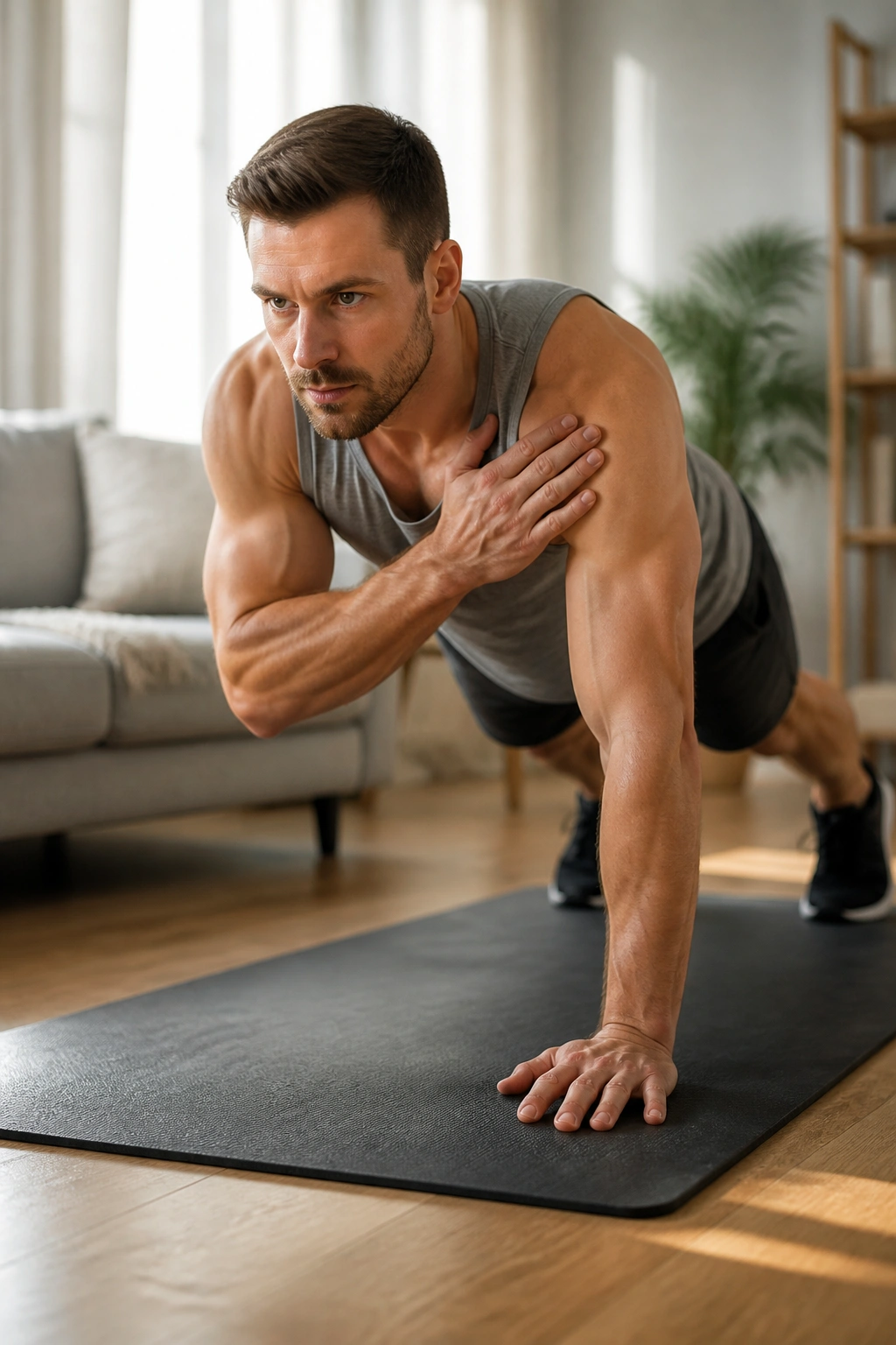 Person performing shoulder-tap push-ups, tapping opposite shoulder while keeping hips steady.