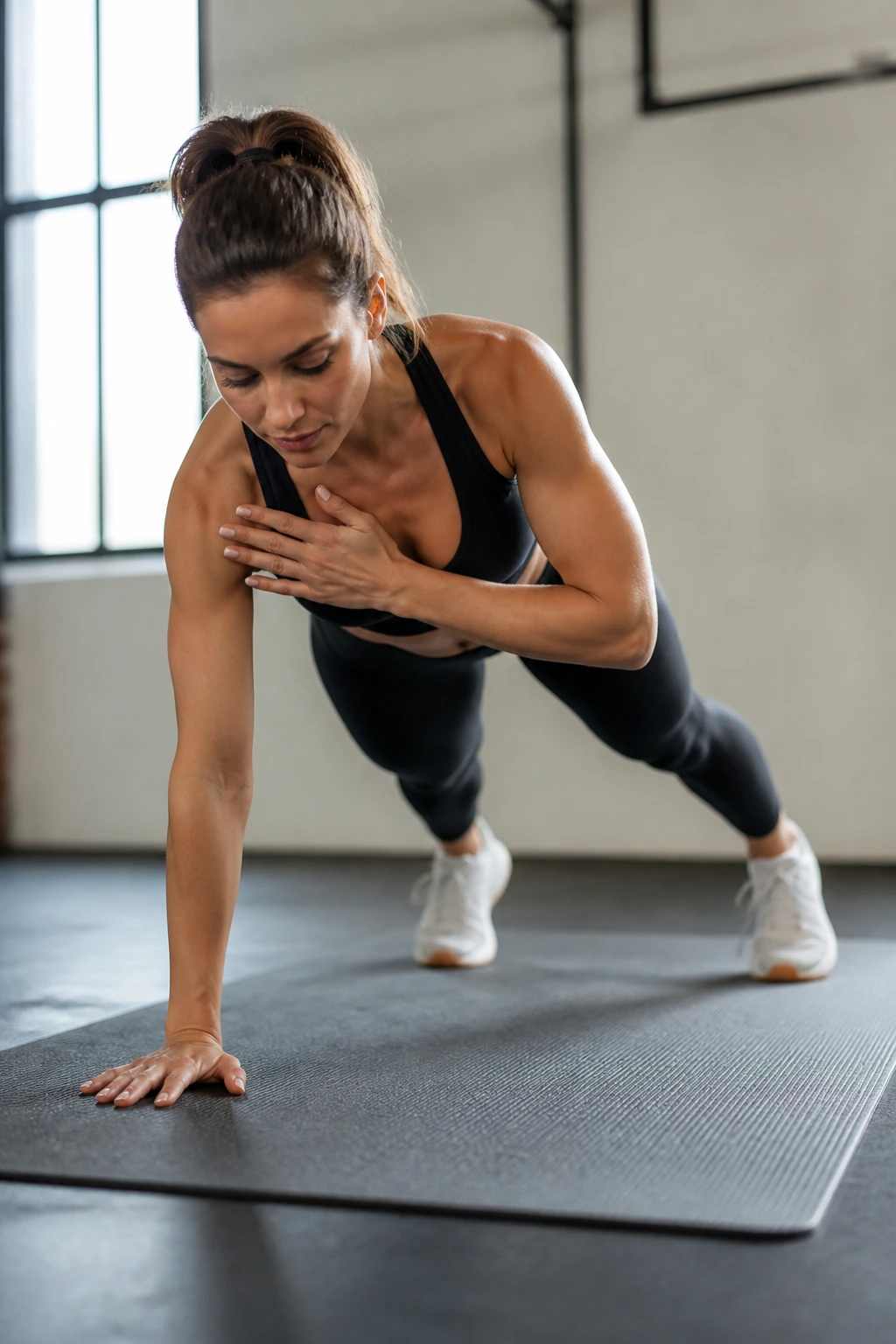 Person doing shoulder taps in high plank with minimal hip motion