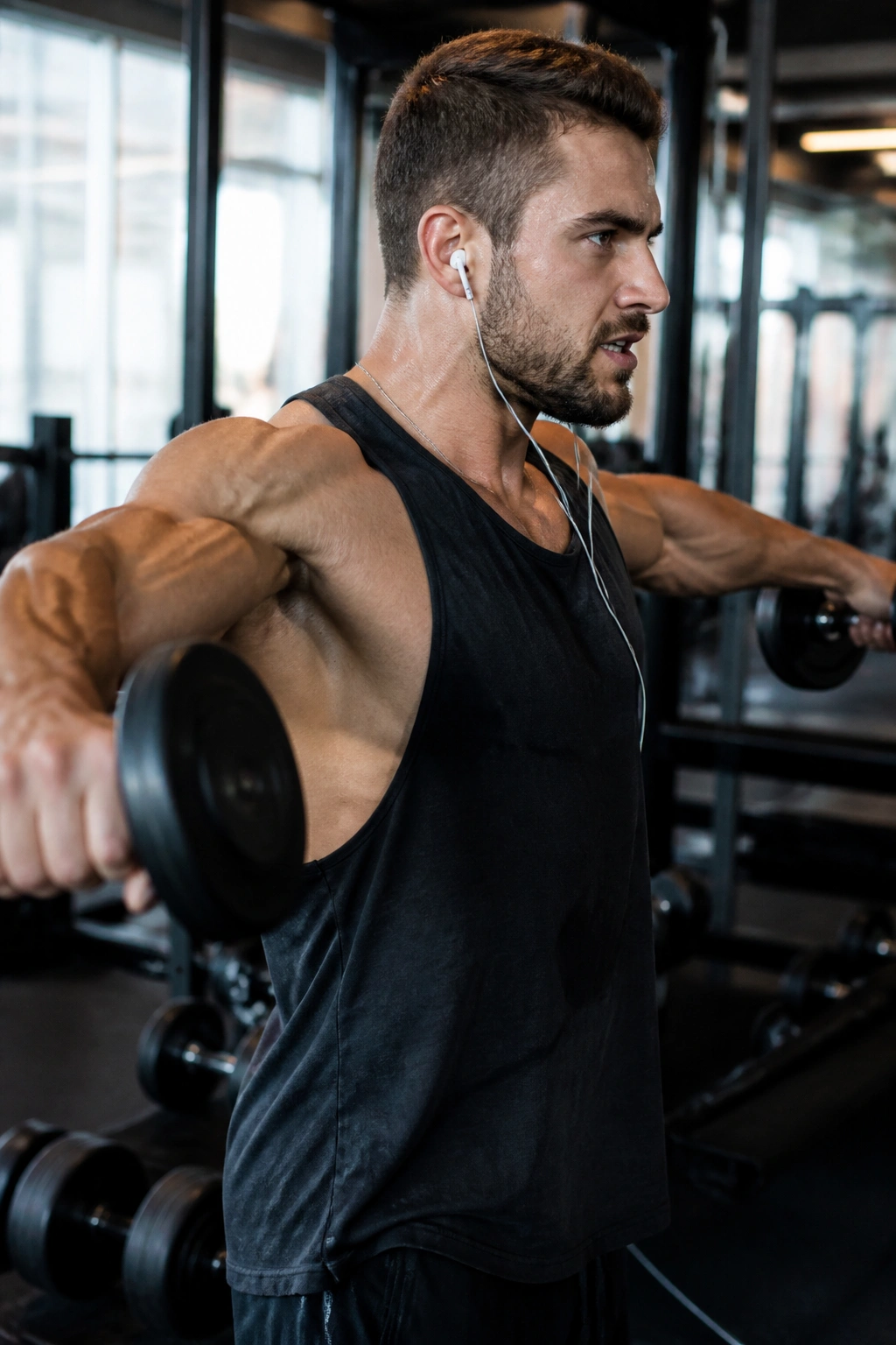Close-up of athlete's shoulders and arms during a lateral raise in gym