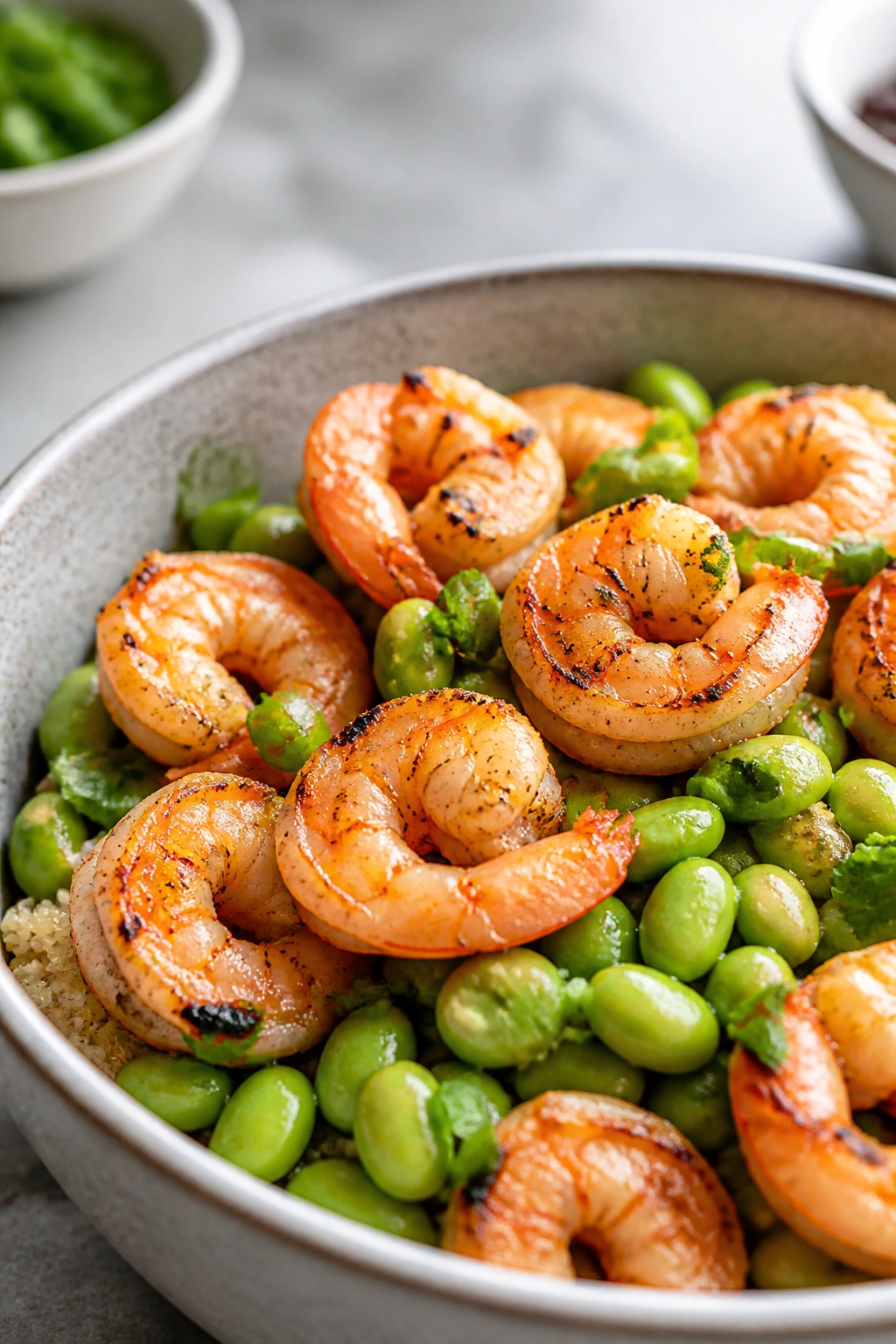 Shrimp and edamame bowl on kitchen counter