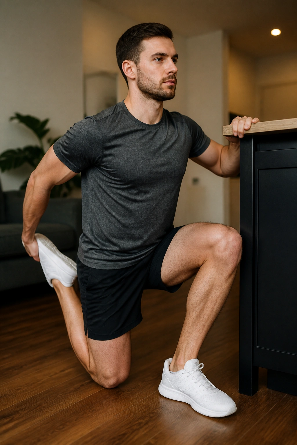 Close-up of a person performing shrimp squats with balance support