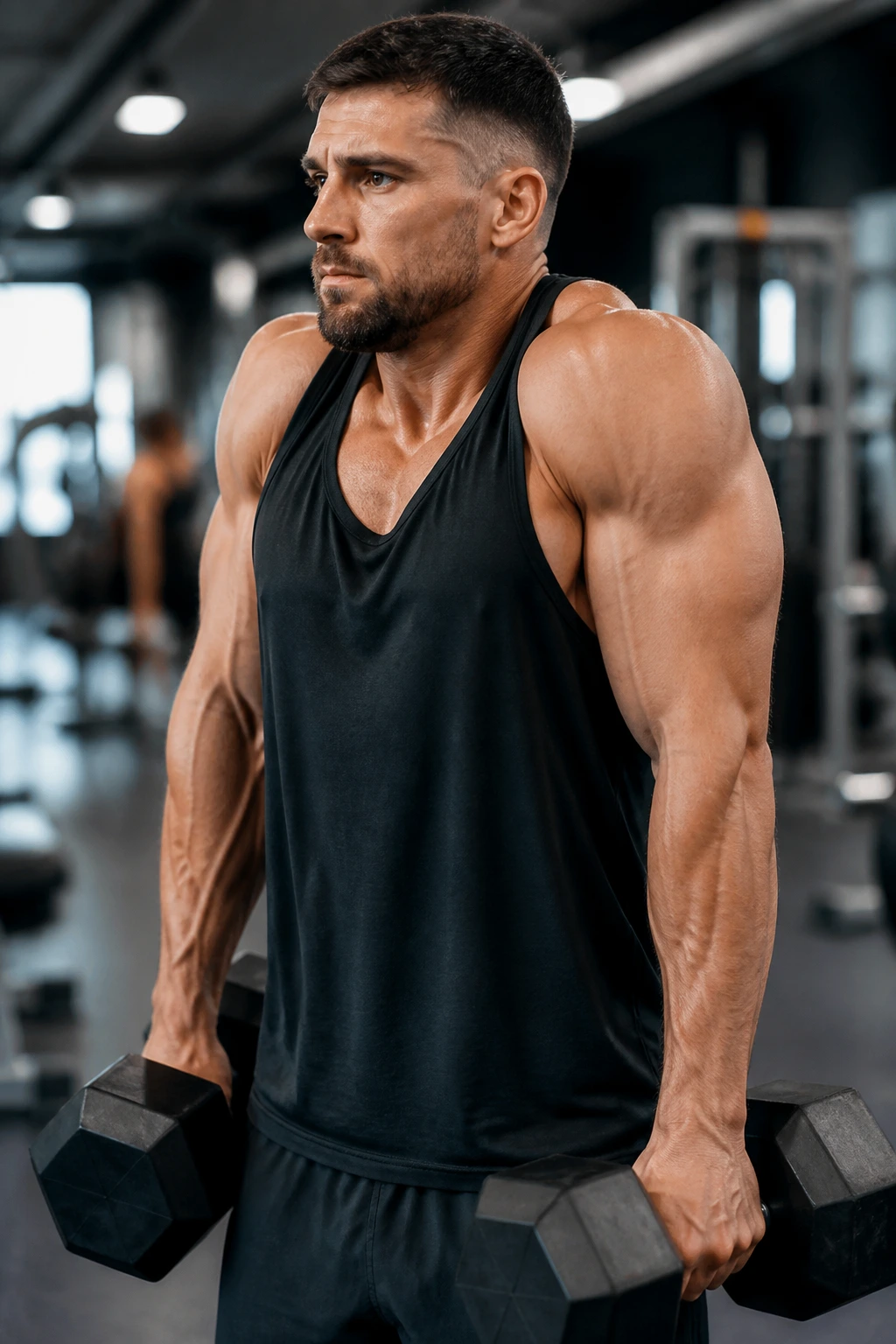 Person performing dumbbell shrug in gym showing trap engagement.