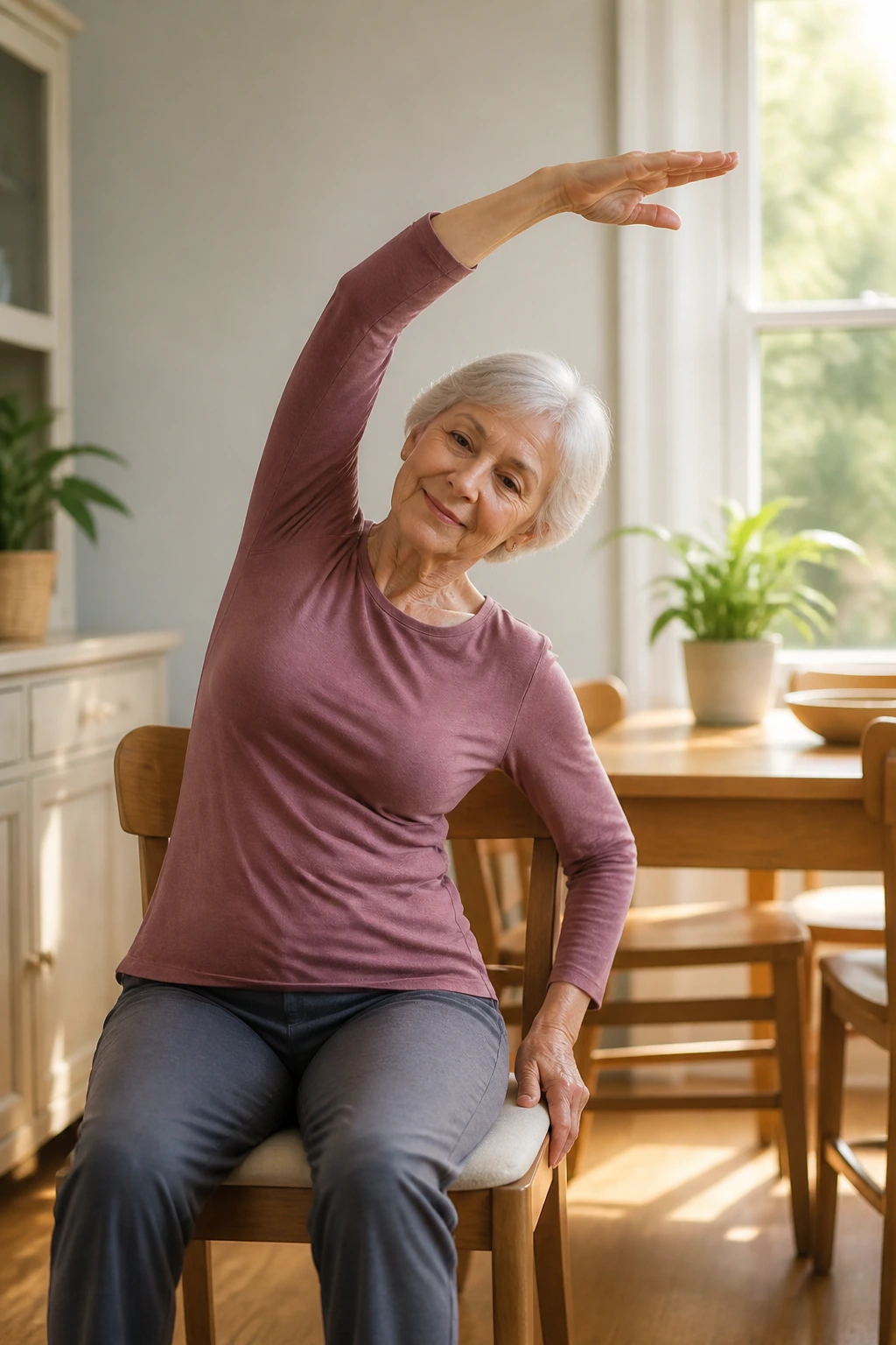 Senior woman performing a side bend reach to stretch the ribs while seated