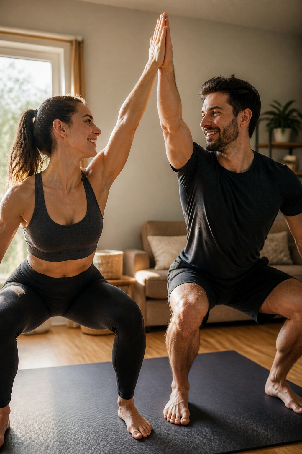 Close-up of a real couple performing side-by-side squats with overhead reach in a home setting