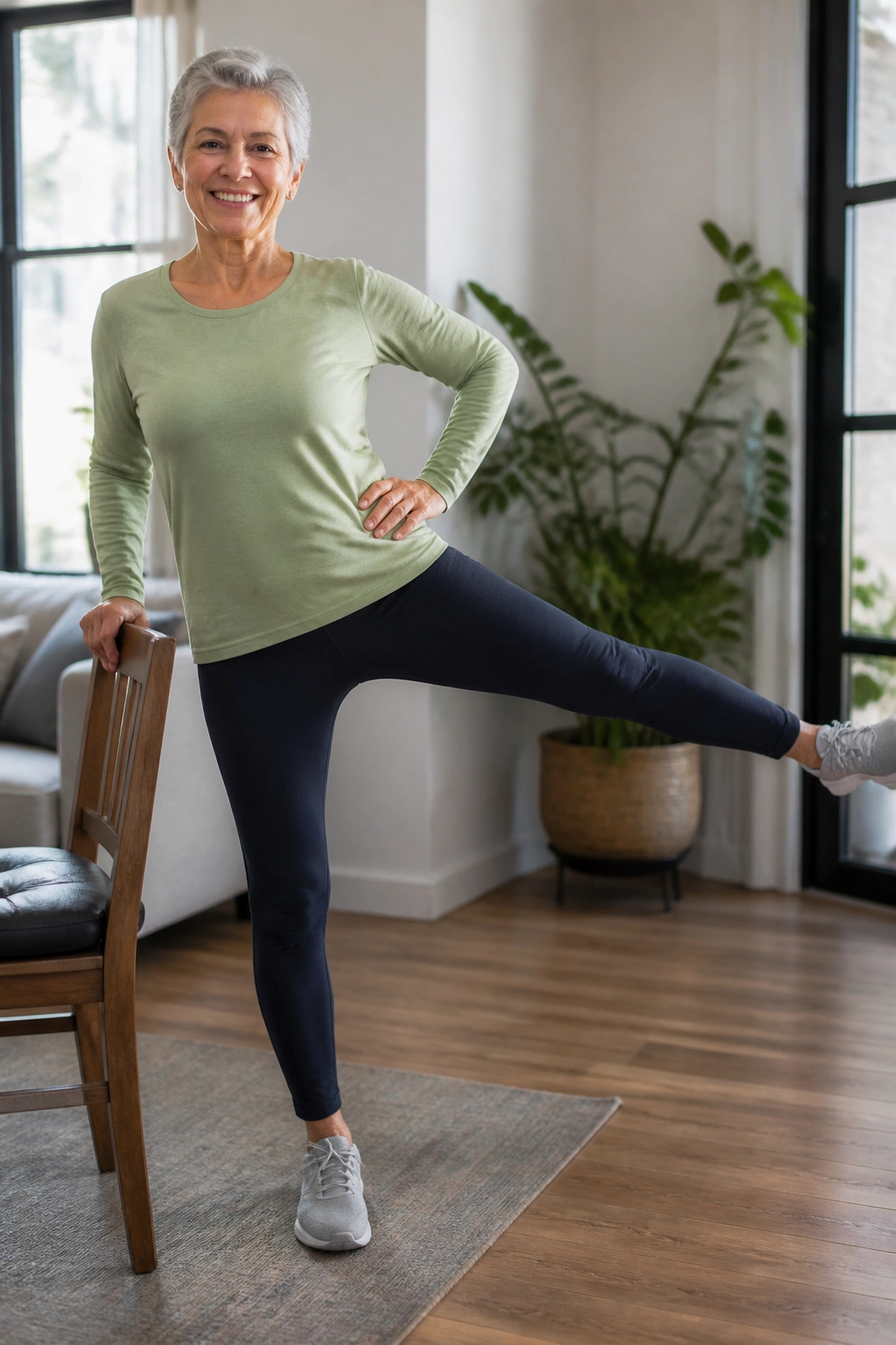 Senior performing side leg raise while holding a chair