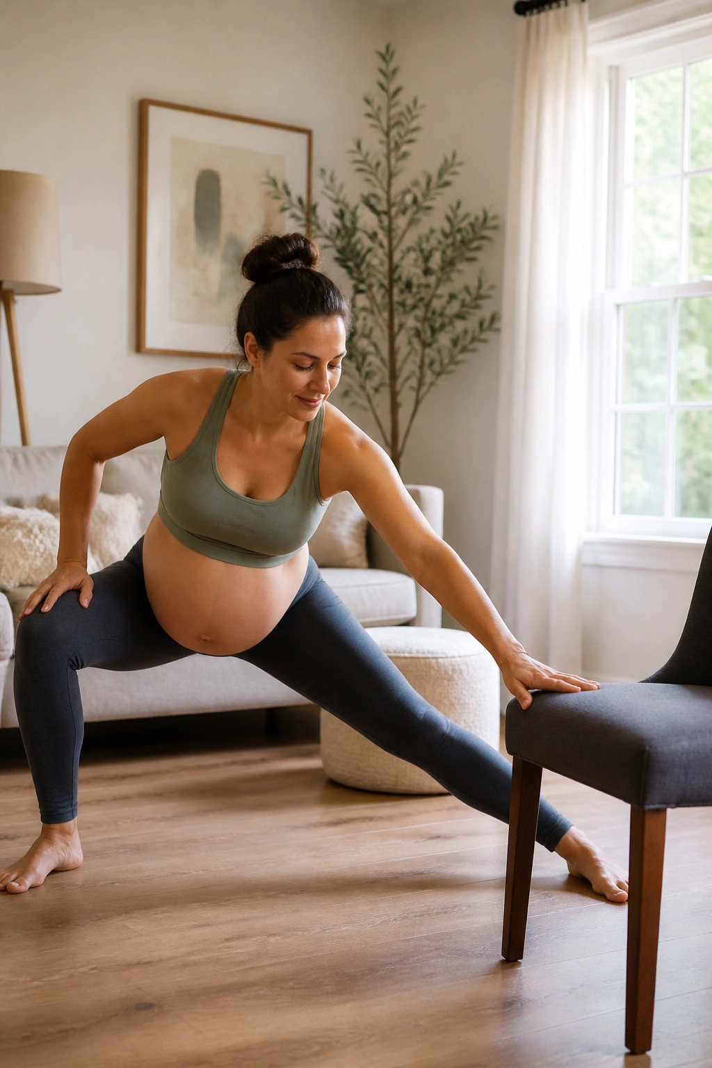 Side lunge reaching toward chair tap