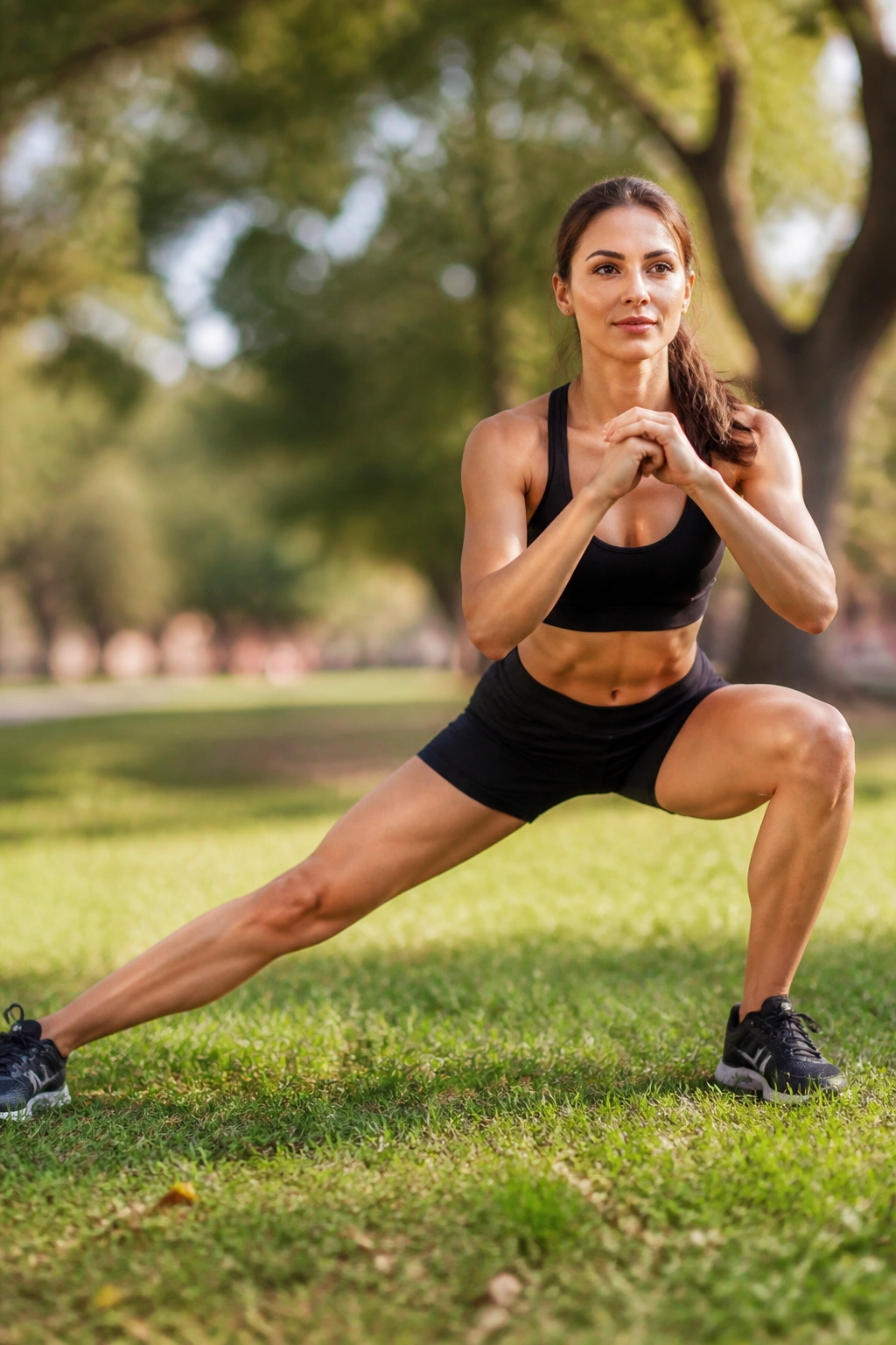 Side view of a person performing a side lunge in a sunlit park