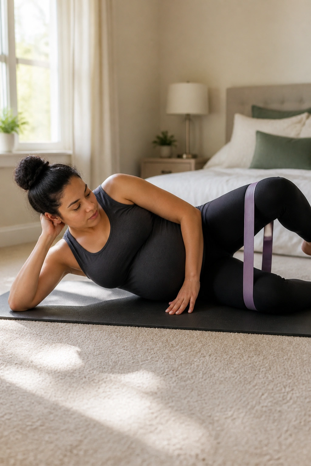 Side-lying clamshell with mini band above knees on a real person, hips stacked
