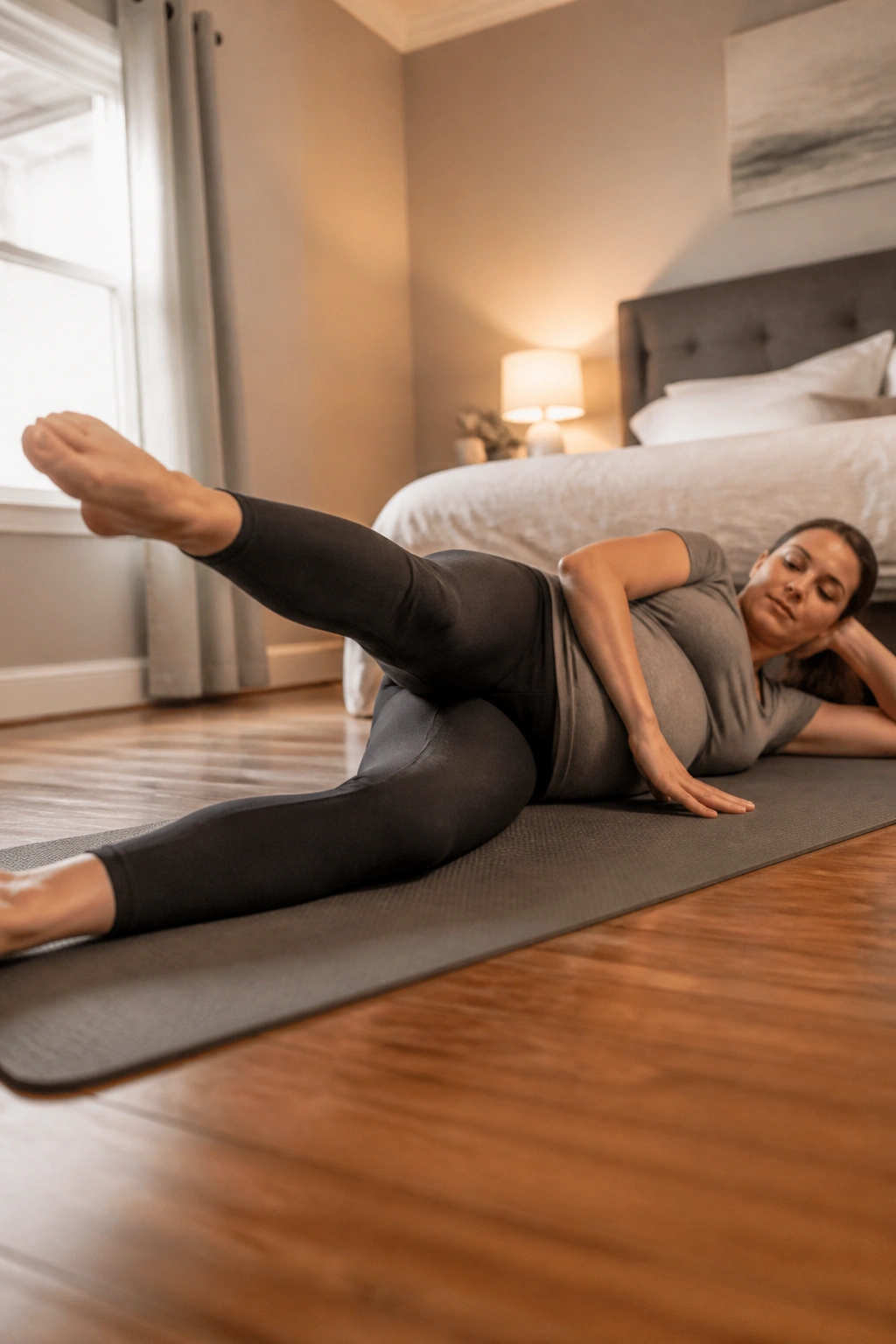 Pregnant person performing side-lying leg lifts on a mat
