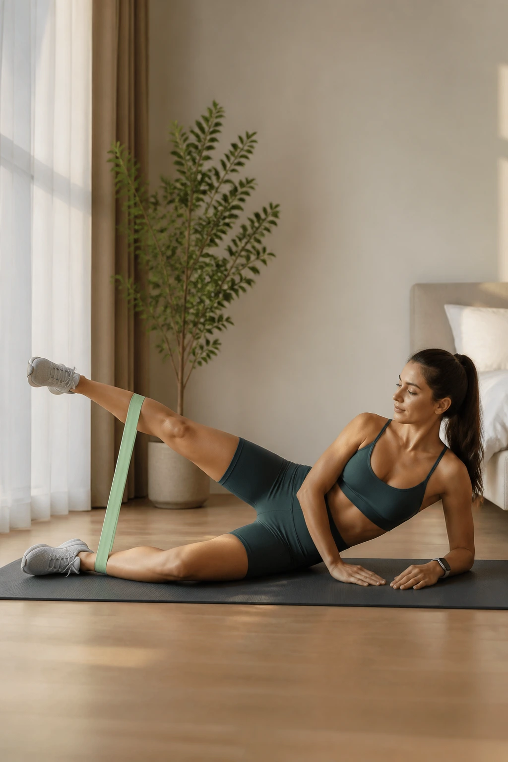 Side view of a person performing a side-lying leg raise with band