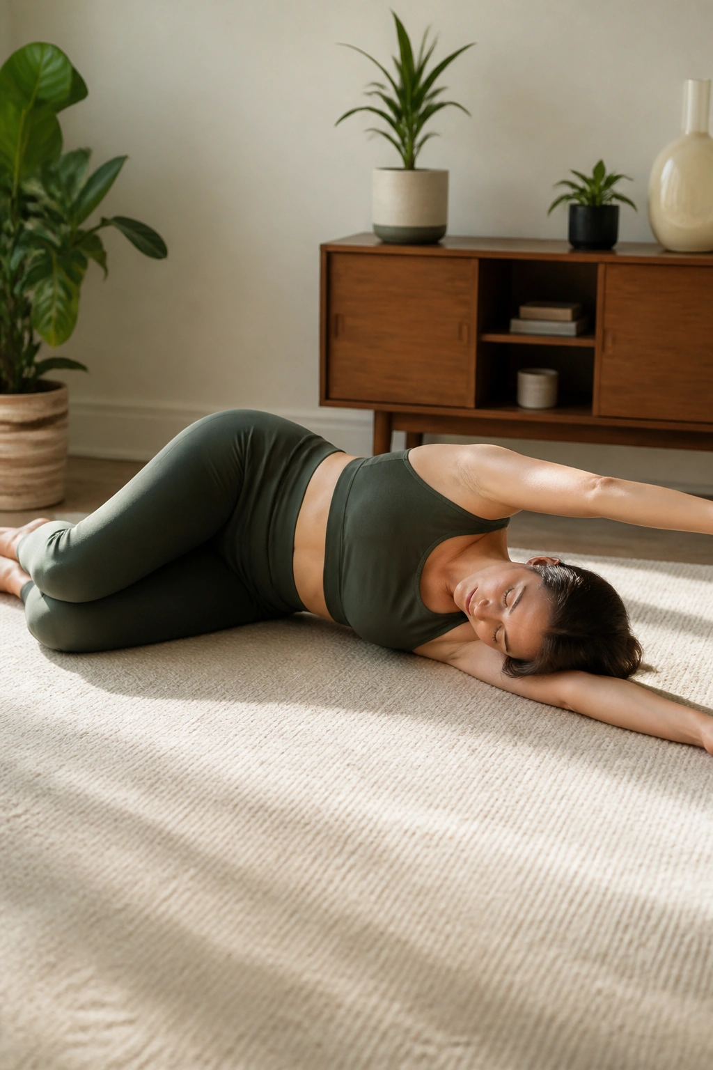 Real person side-lying with top arm reached overhead for upper back breathing