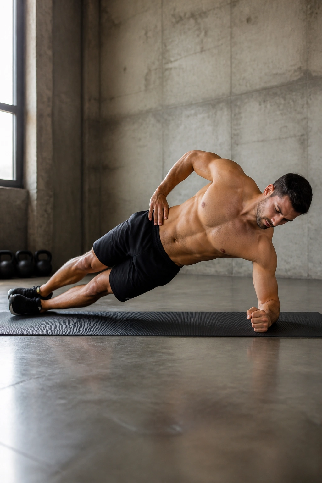 Side profile of person performing side plank hip lift series on a mat.