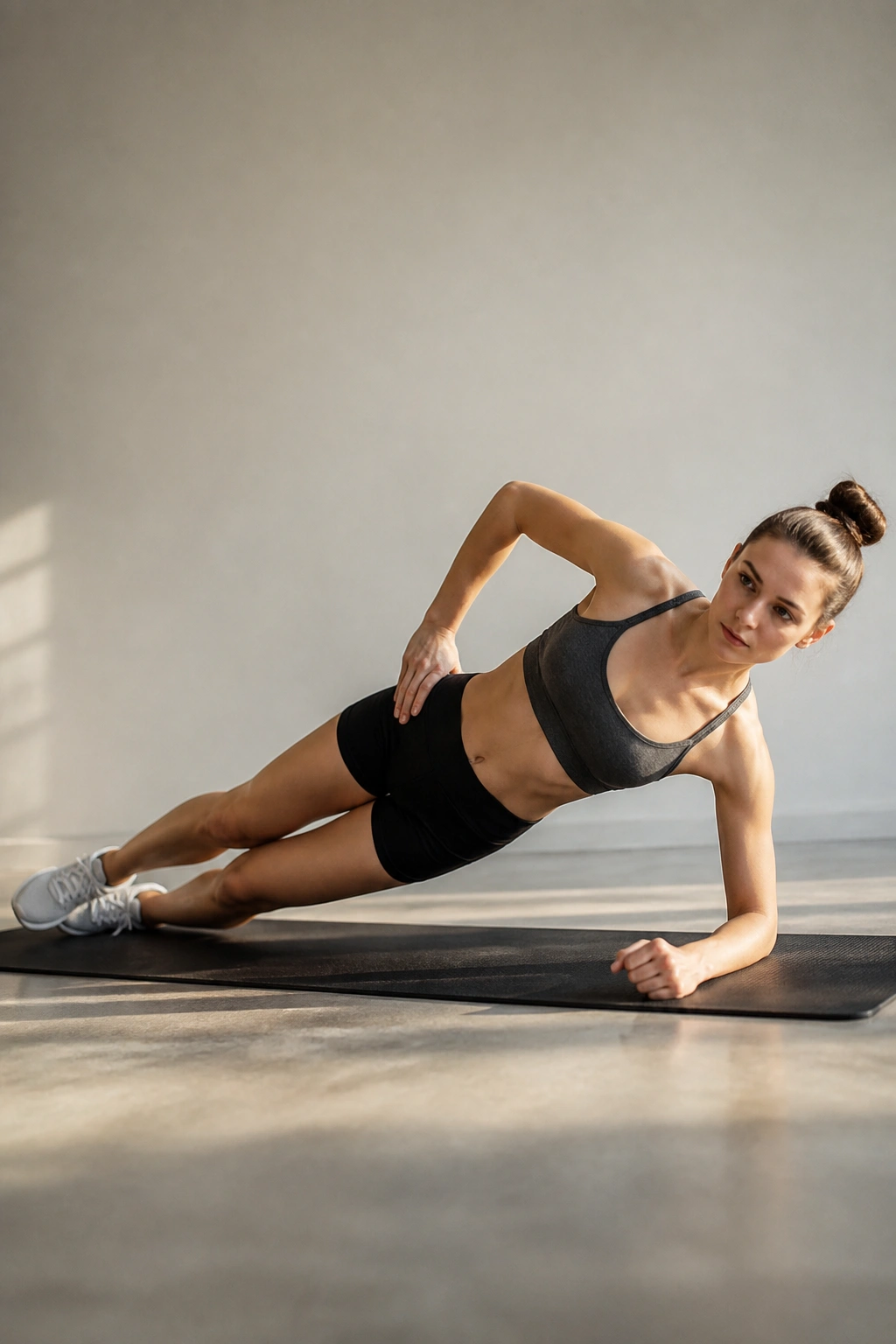 Real person in side plank with hips lifted in a straight line