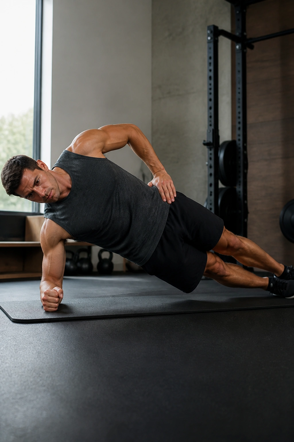 Side-profile of a person holding a side plank with hips stacked on a gym mat