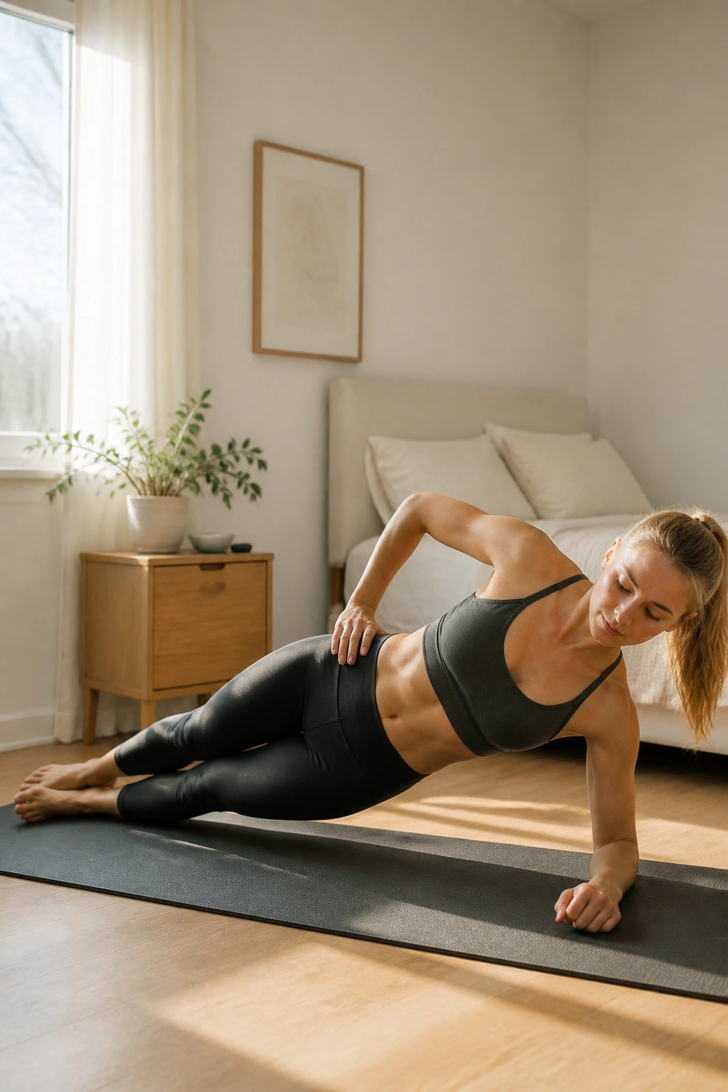 Person performing side plank dips on a mat in a sunlit home space