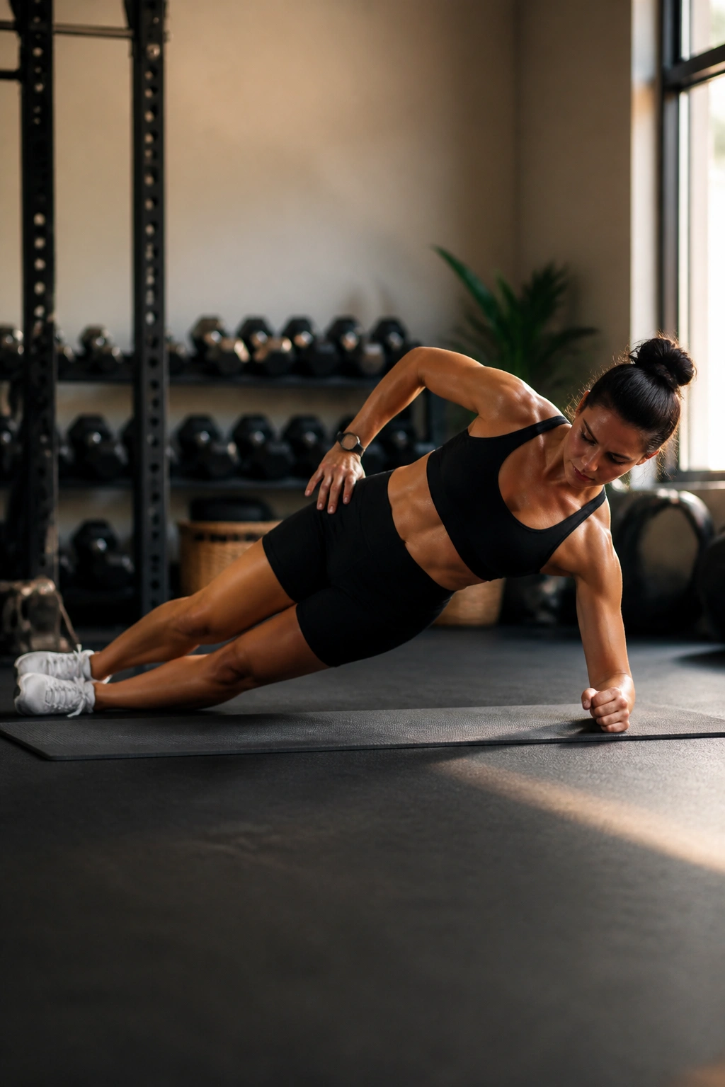 Real person performing side plank with hip dips in a gym.