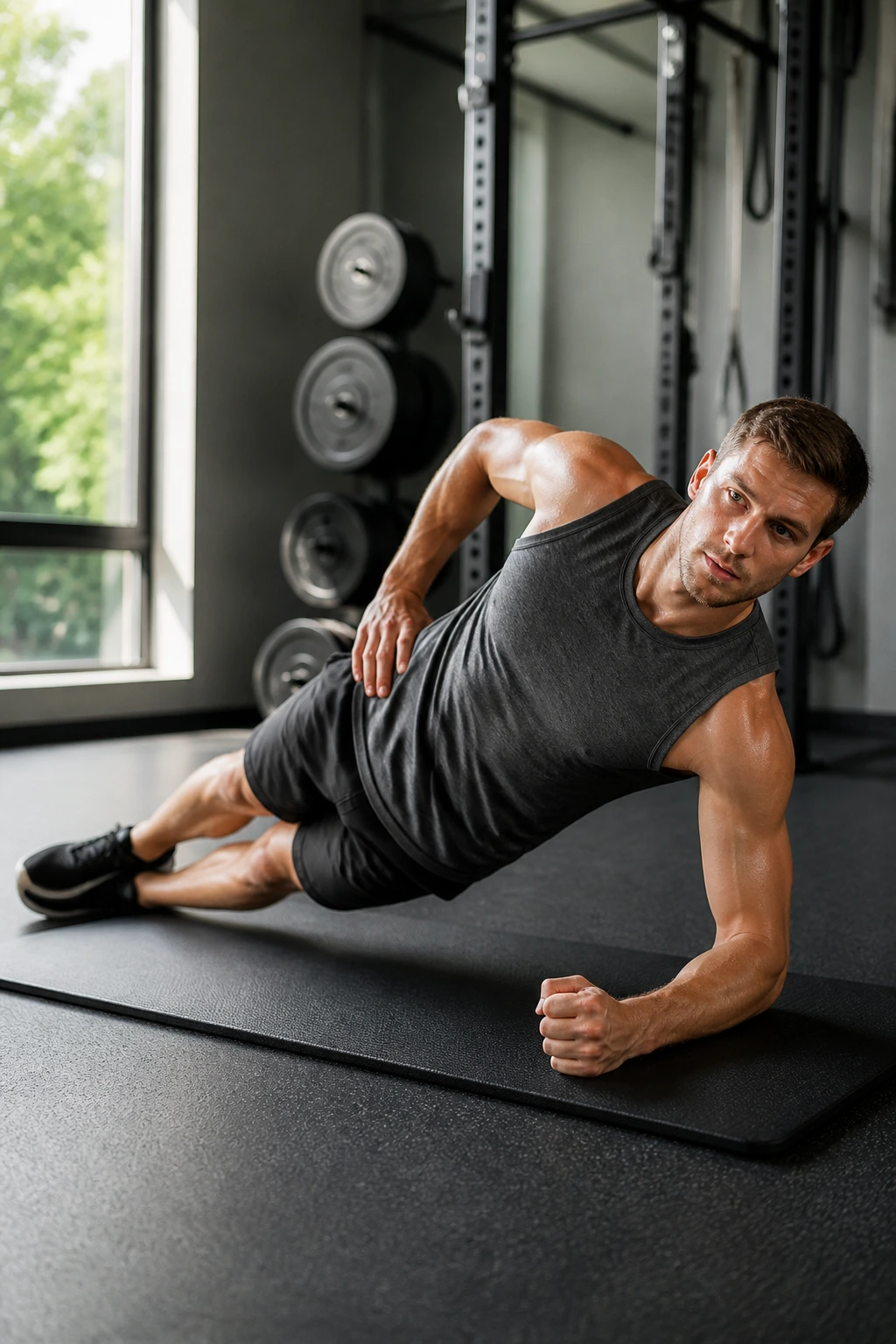Person performing hip dips in side plank on a mat