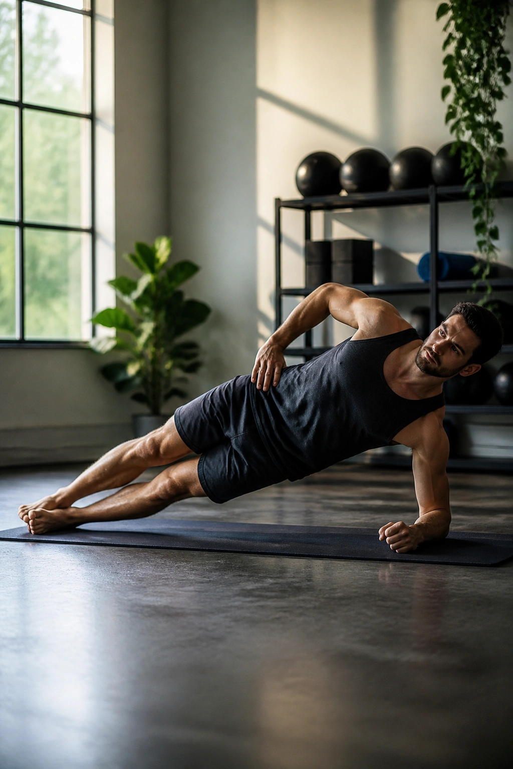 Side plank hip lift with stacked body and hip lift movement on a mat