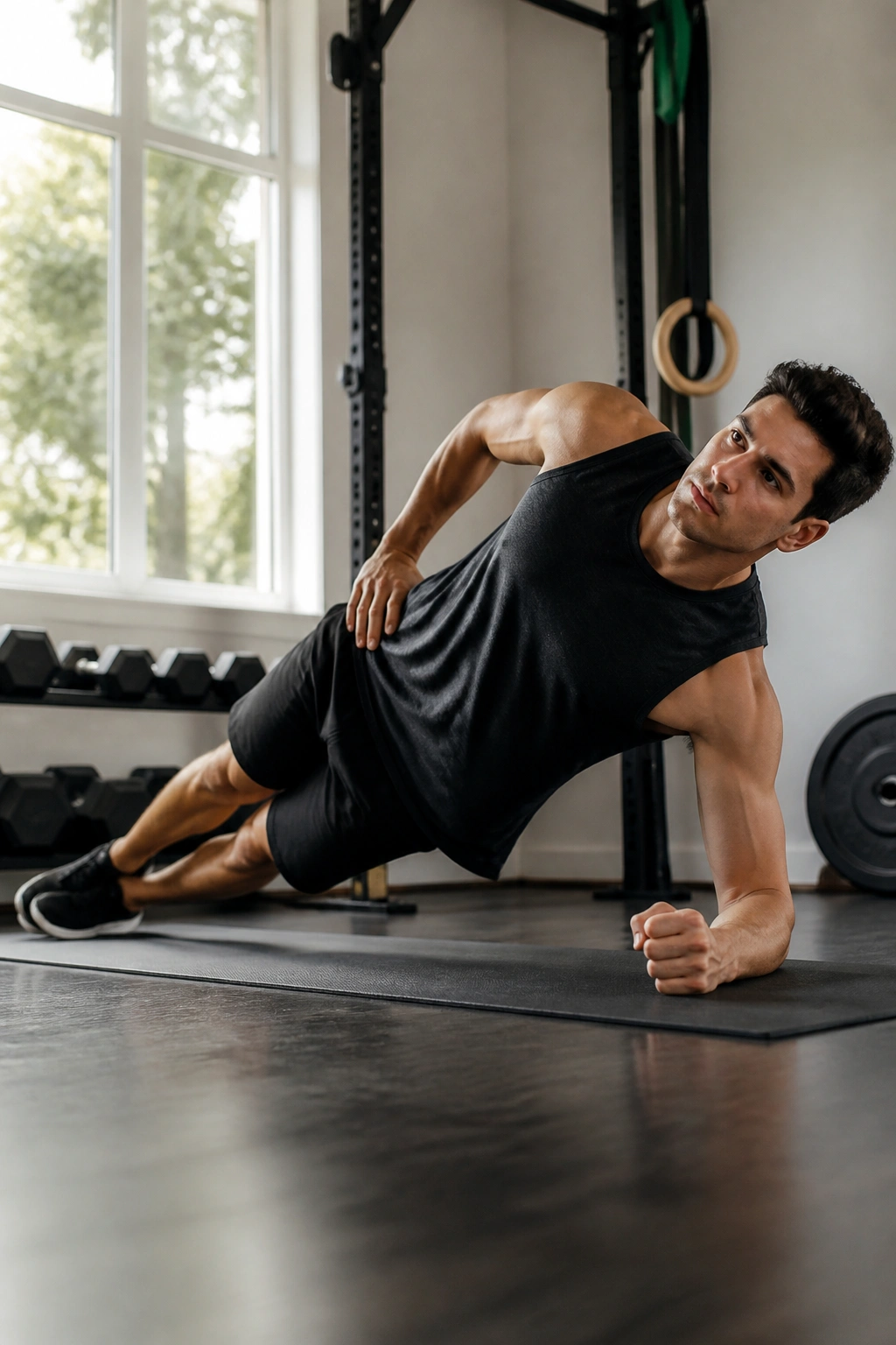 Close-up of a person performing side plank hip lifts on a mat