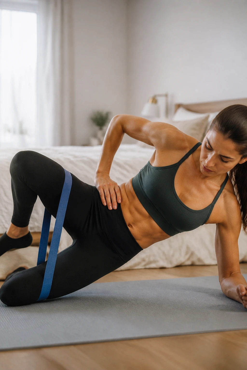 Close-up of side plank knee drive with resistance band around knees