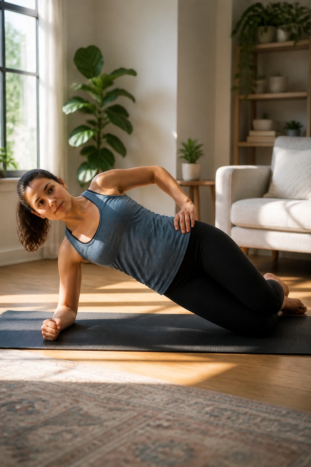 Side-lying kneeling plank showing a straight line from shoulder to knee