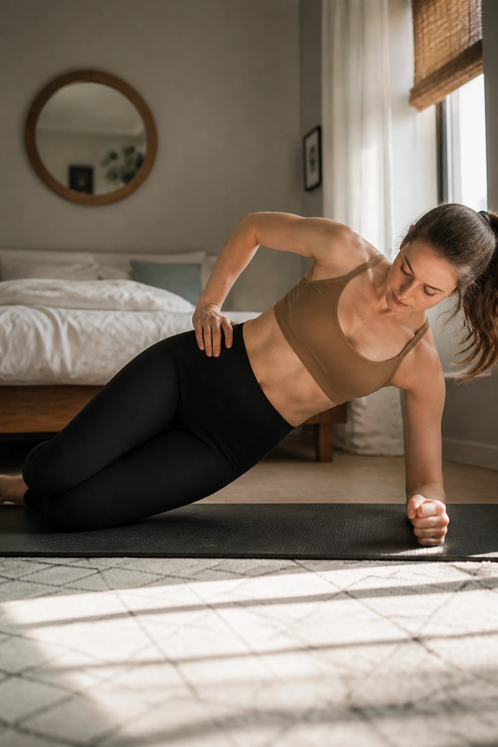 Real person performing side plank from the knees with hips aligned