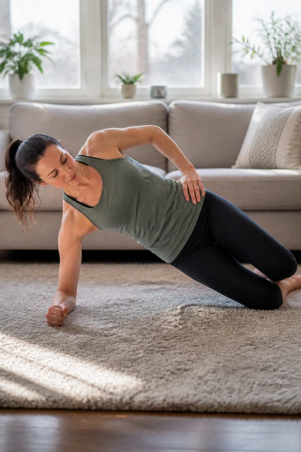 Real woman performing side plank from knees on a rug to train obliques and pelvic stability
