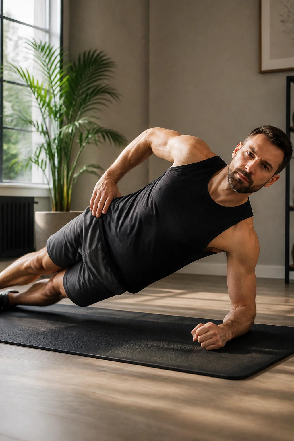 Person in side plank showing stacked hips and oblique engagement