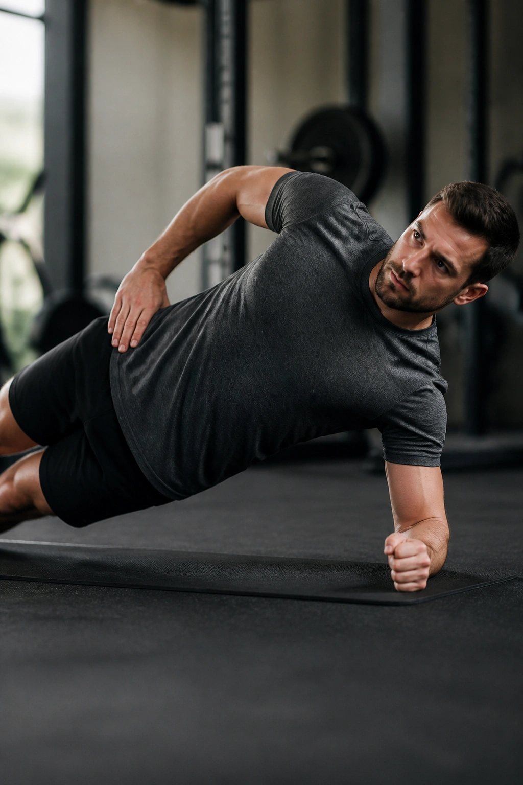 Side plank held in perfect alignment with straight body