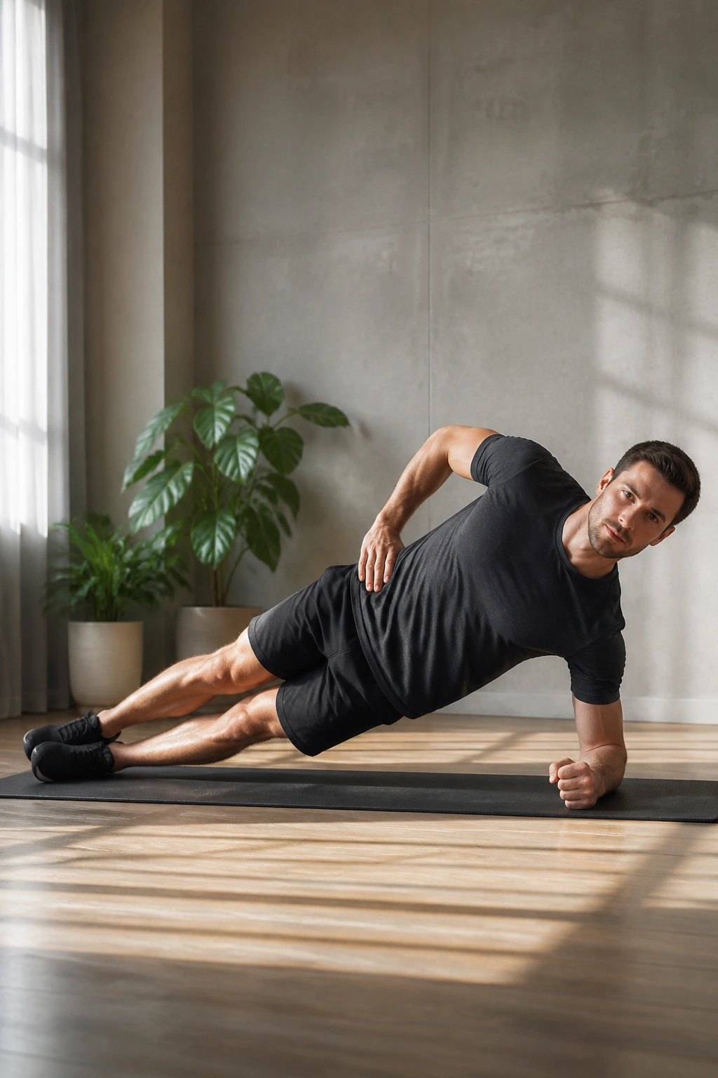 Real person in a side plank on a mat
