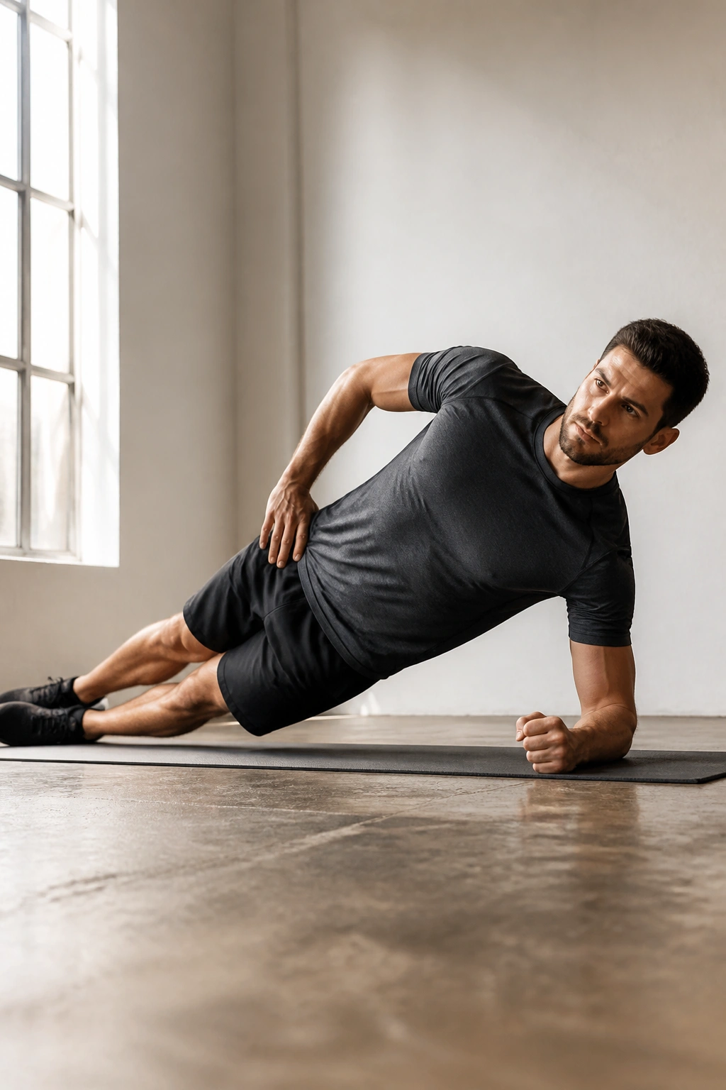 Person holding a side plank, body aligned in a strong diagonal with engaged obliques.