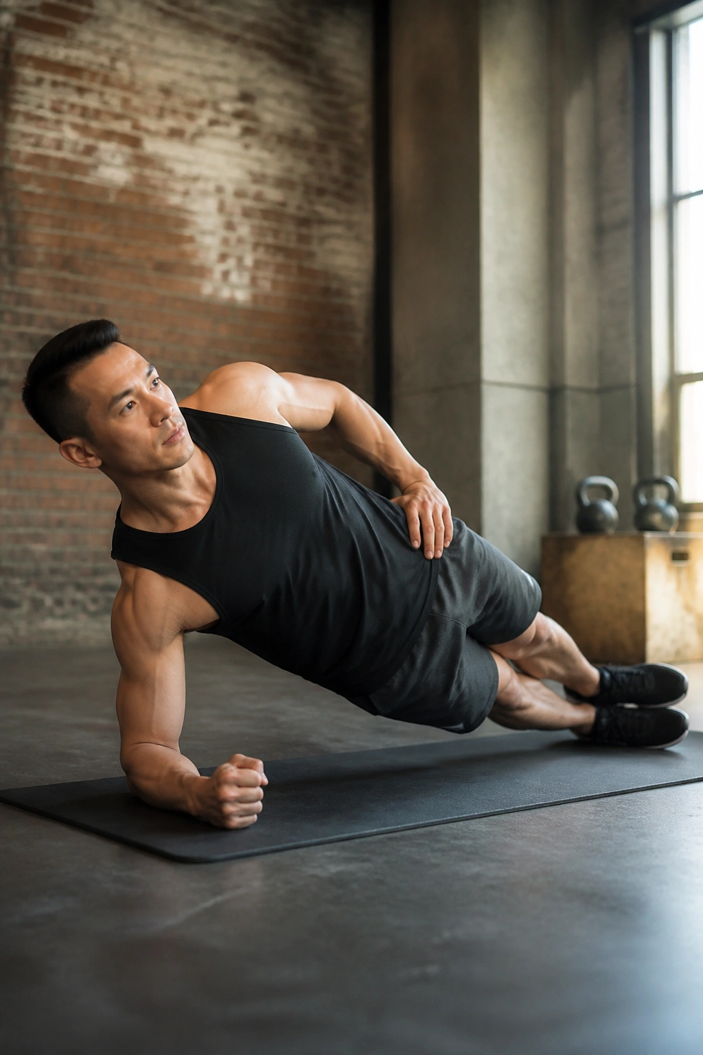 Side plank held with hips stacked and obliques engaged
