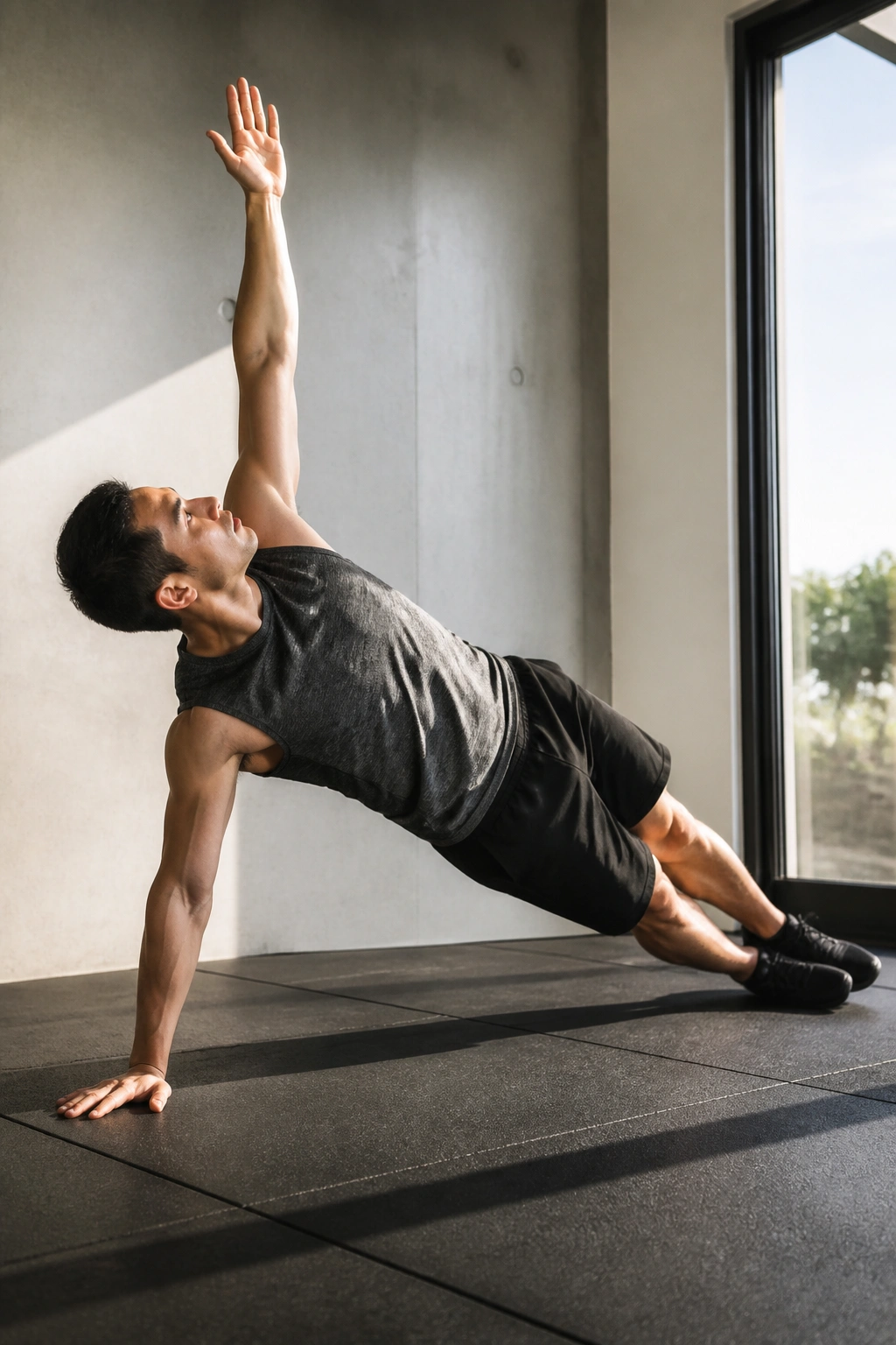 Profile view of a person in side plank with arm reaching overhead, maintaining hip alignment