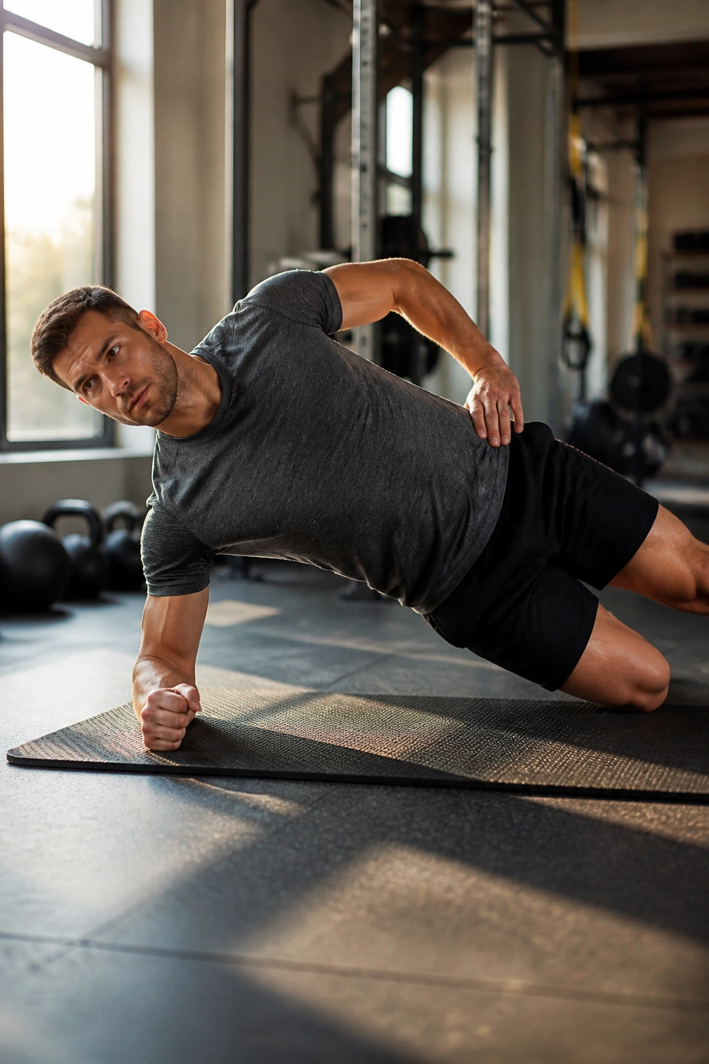 Real person in a side plank on a mat, showing oblique engagement.