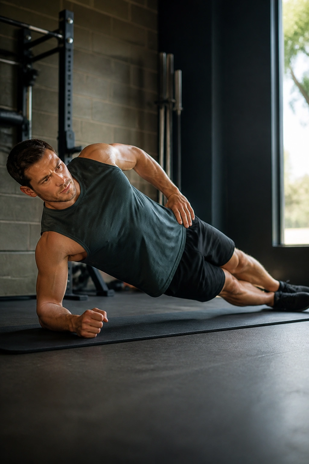 Profile view of a person in a side plank showing stacked hips and aligned spine