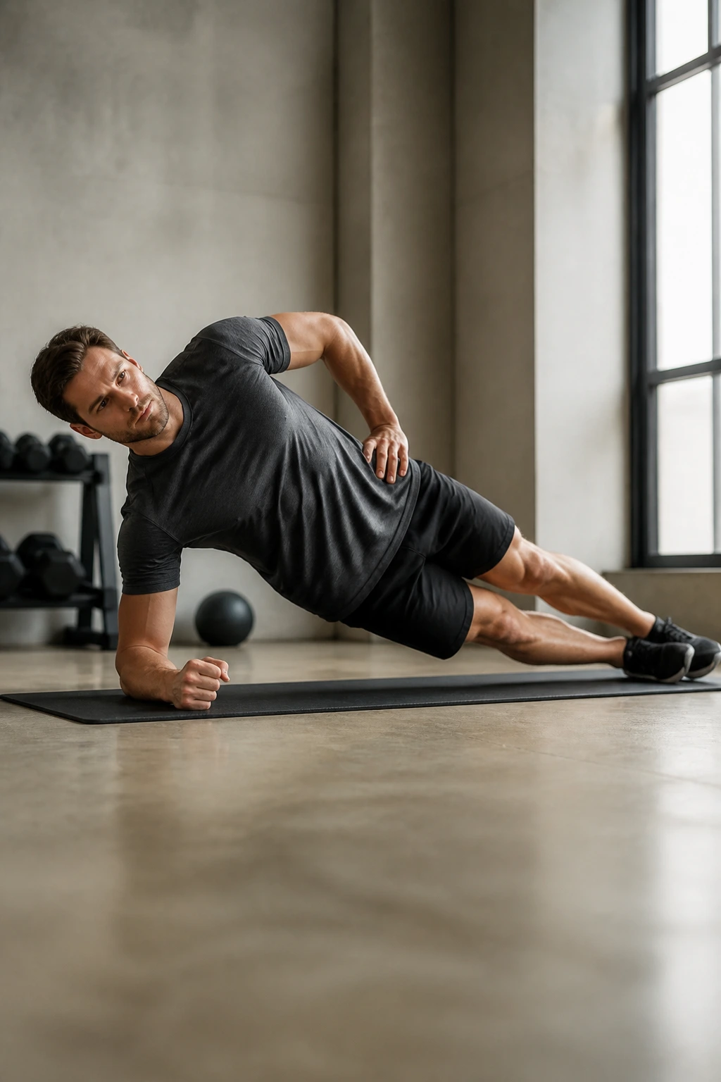 Side plank demonstrating oblique engagement and hip stability