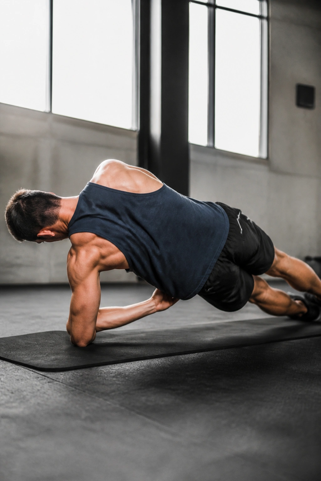 Real person in side plank reach-through showing oblique and shoulder engagement.