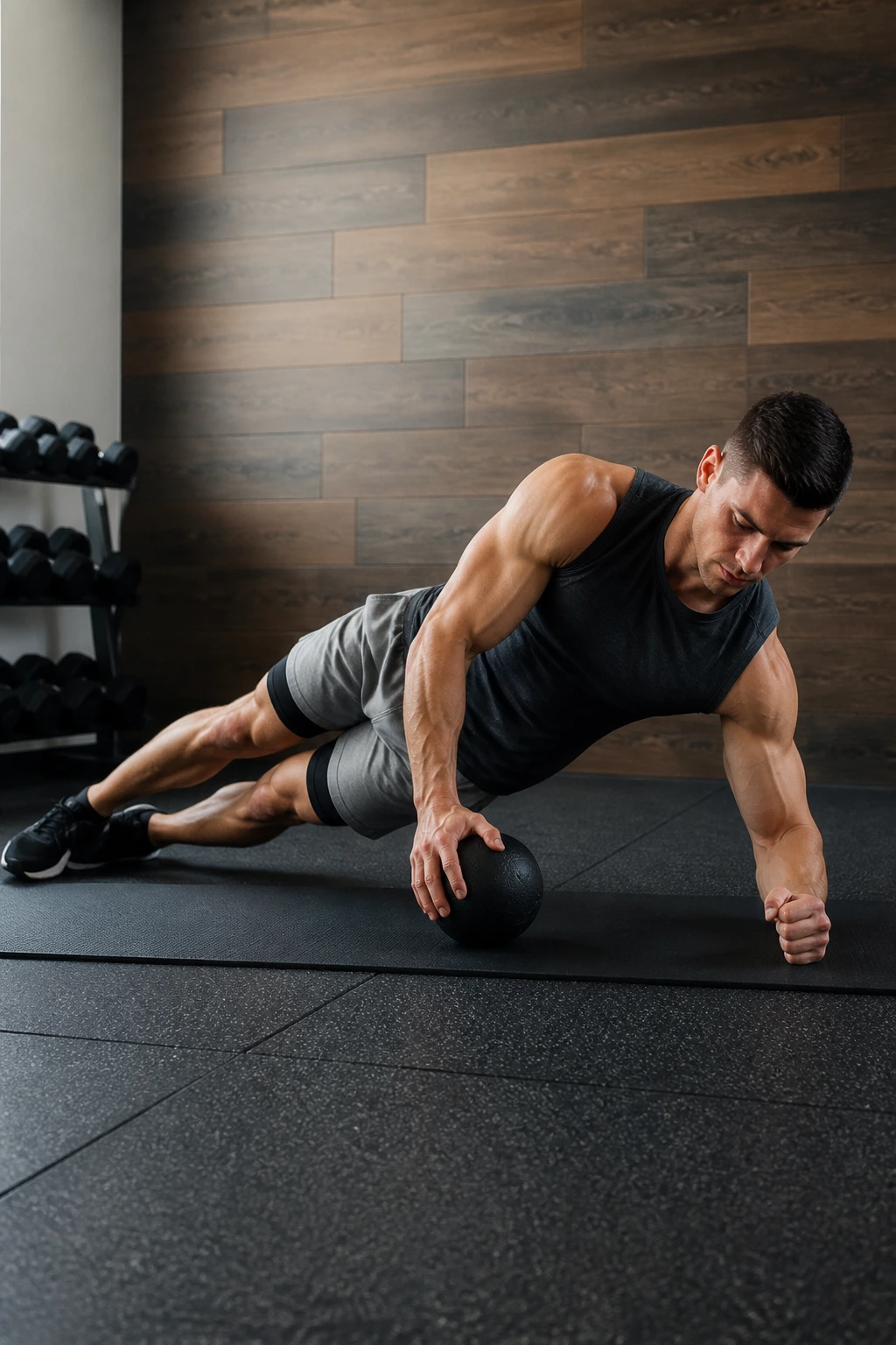 Real person in side plank reaching medicine ball under torso